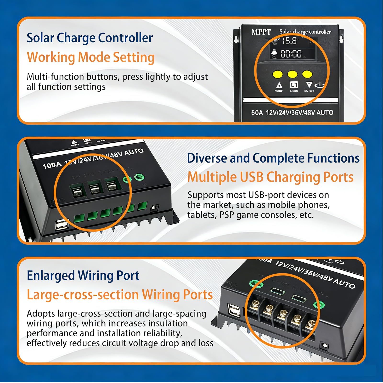 MPPT Laderegler Solar 12V 24V 36V 48V Auto, 100A Solarladeregler mit LCD Display & Dual USB, Smart Solarregler, Solar Charge Controller für Blei-Säure-Batterie Lithium Batterien Lifepo4 usw