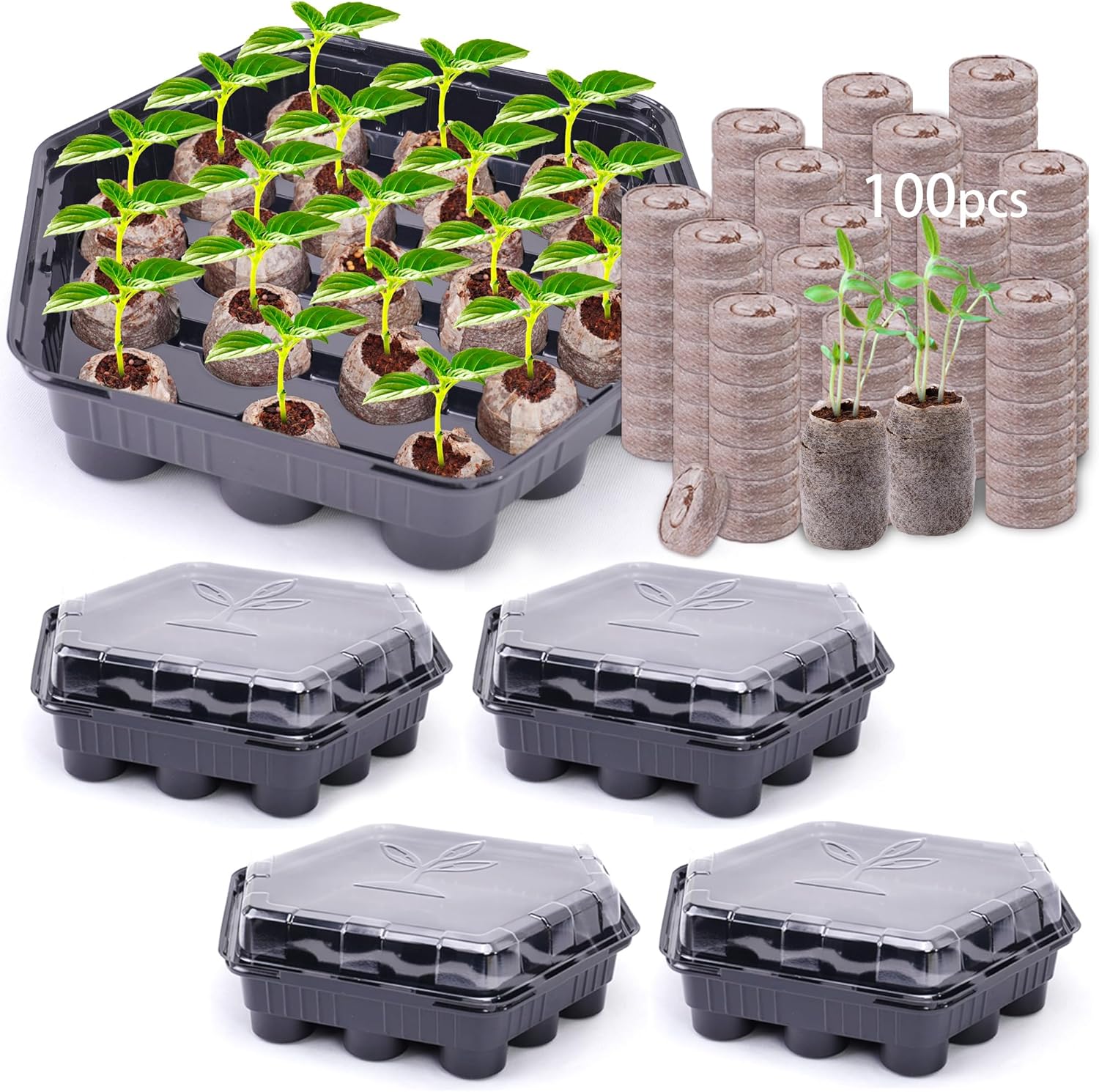 U0U 5 Pack Seed Starter Trays with 100pcs Peat Pellets,95-Cell Seed Starter Kit with Dome,Plant Starter Trays with 100pcs Seed Starter Soil,Reusable Greenhouse Plant Germination Tray (Black)
