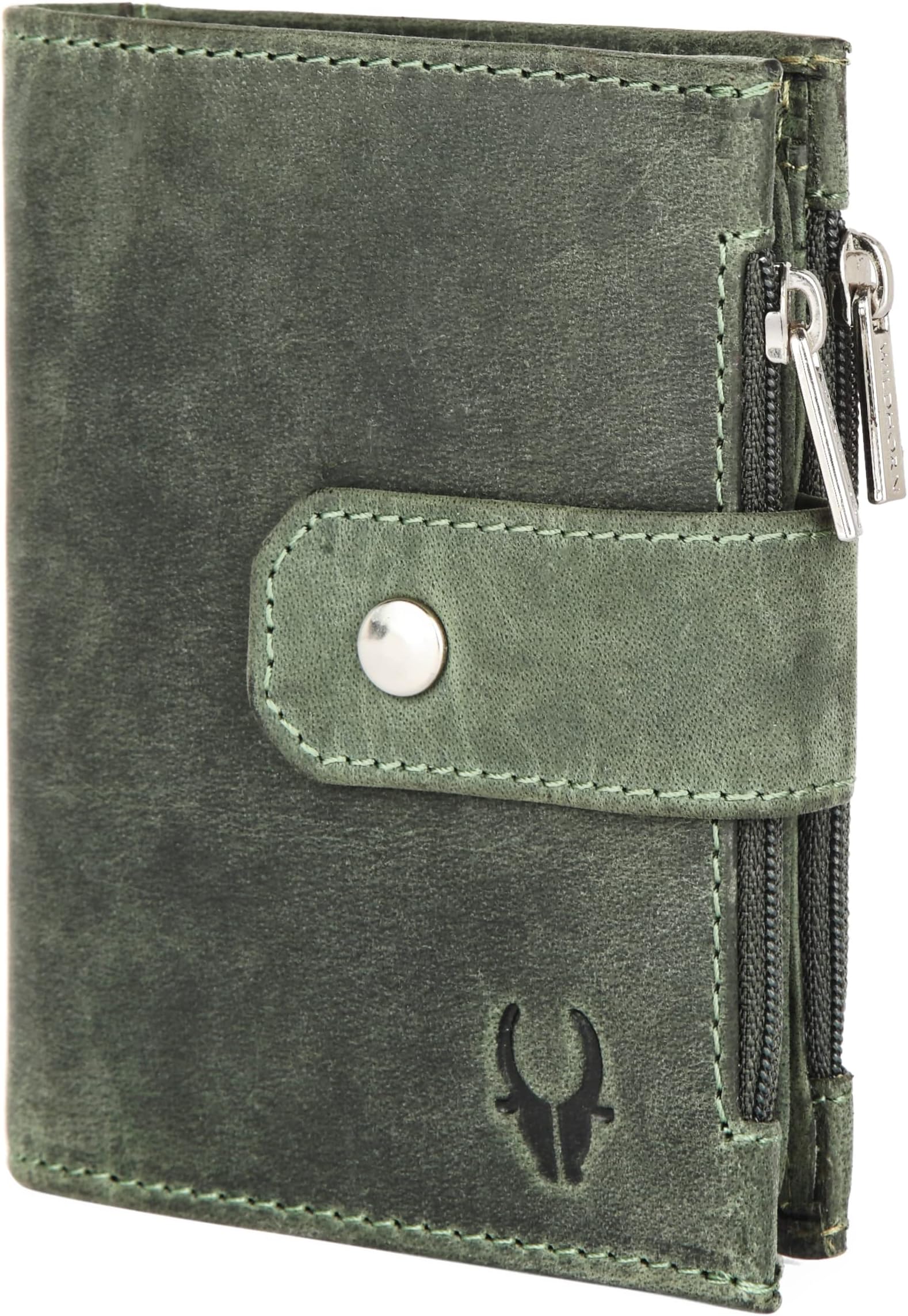 Top Grain Leather Wallet for Men | Loop Closure | Ultra Strong Stitching I Zip Compartments with11Card Slots | 1 ID Window (Green Hunter)