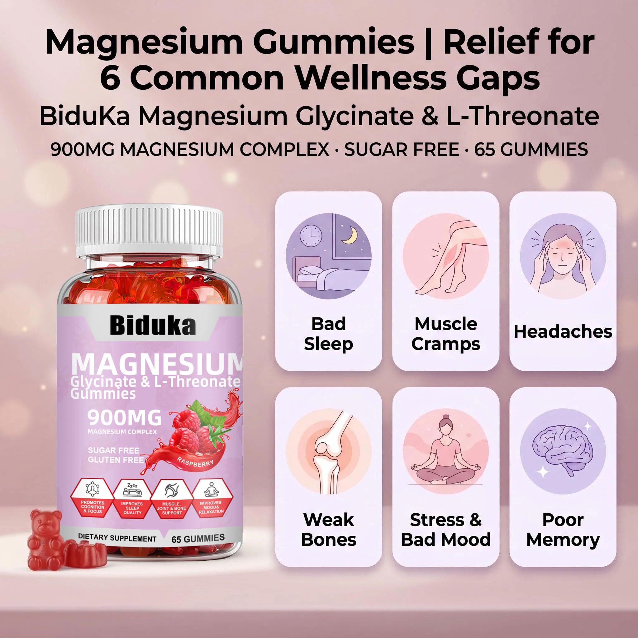 900mg Magnesium Glycinate Gummies, 65 Count, Sugar Free Magnesium Complex with L-Threonate, Potassium, Vitamin D, B6, CoQ10 Supplement for Relaxation, Raspberry Flavor — Amazon image 7