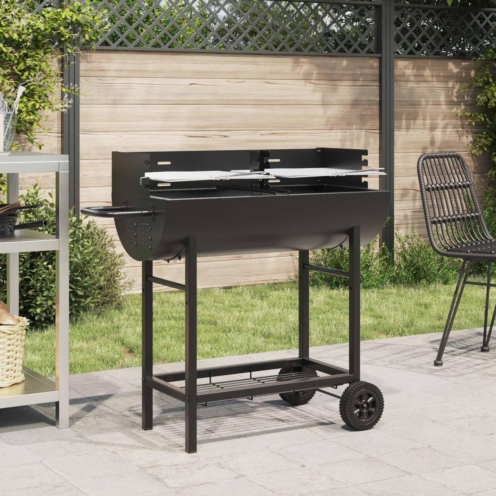 Barbacoa de carbón vegetal de acero aleado, 96,5 x 42,5 x 88,5 cm, color negro, con rejillas de altura ajustable, espacio para barbacoa y jardín