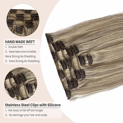 Miniatura 3 de Extensiones de cabello humano real con clip, de 14 pulgadas para mujer, color marrón ceniza con reflejos rubio platino, extensiones de cabello