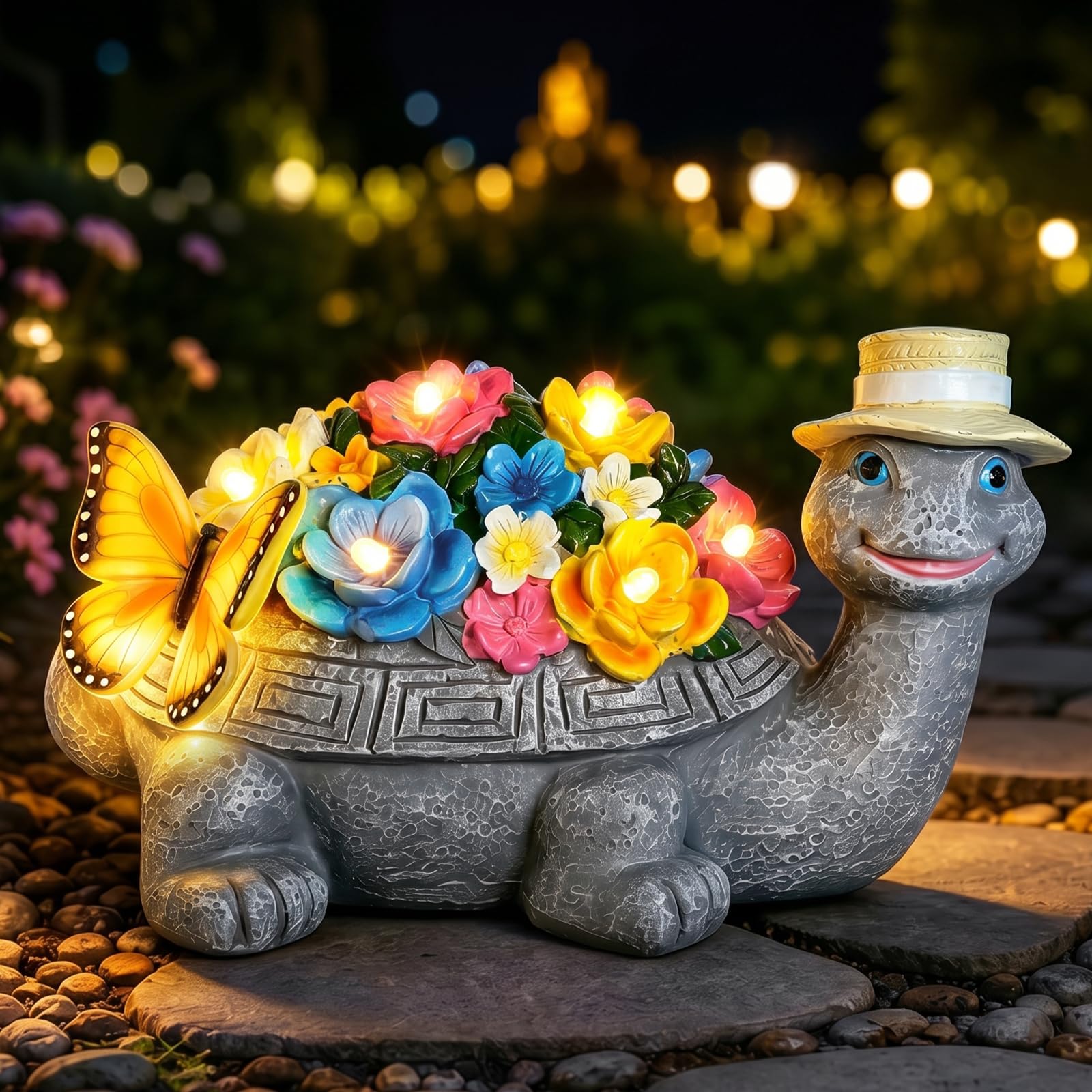 OUTONLIFE Solar Turtle Garden Statue with LED Lights, Flower & Butterfly Accent, Waterproof Resin Outdoor Figurine Decor for Patio Yard Lawn, Cute Gift for Mom Grandma Women
