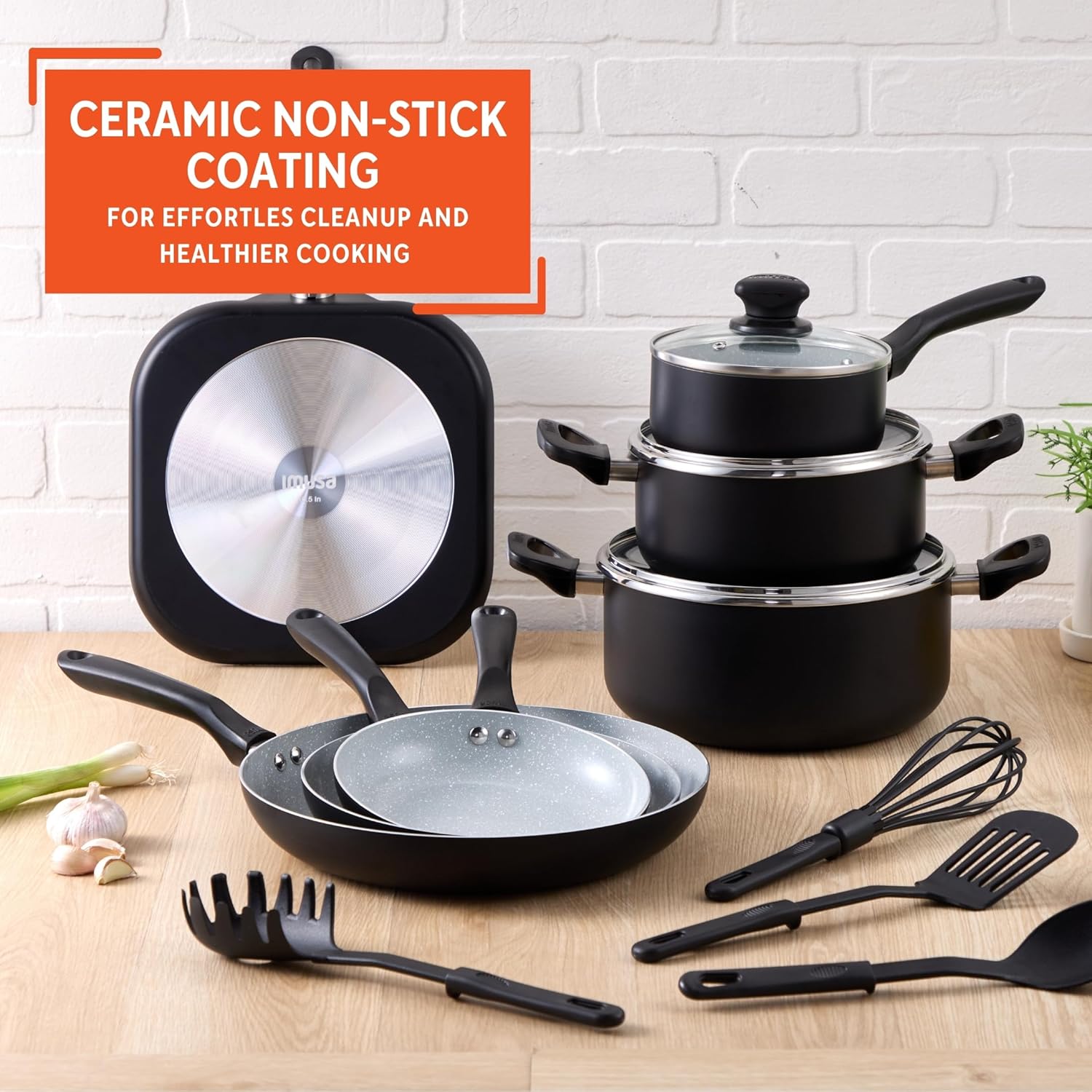 IMUSA Nonstick Ceramic Cookware Set 14-Piece, with Soft-Touch Handles, Aluminum, Black