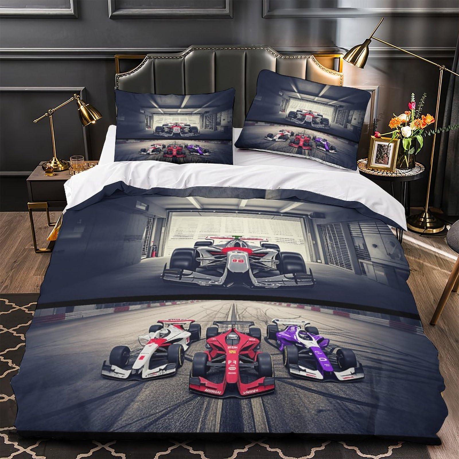 DAFUfbw 3D Printed Formulaa Racing Quilt Cover King（220x240cm）, Breathable Duvet Cover Racing Car Comforter Cover with Pillowcase