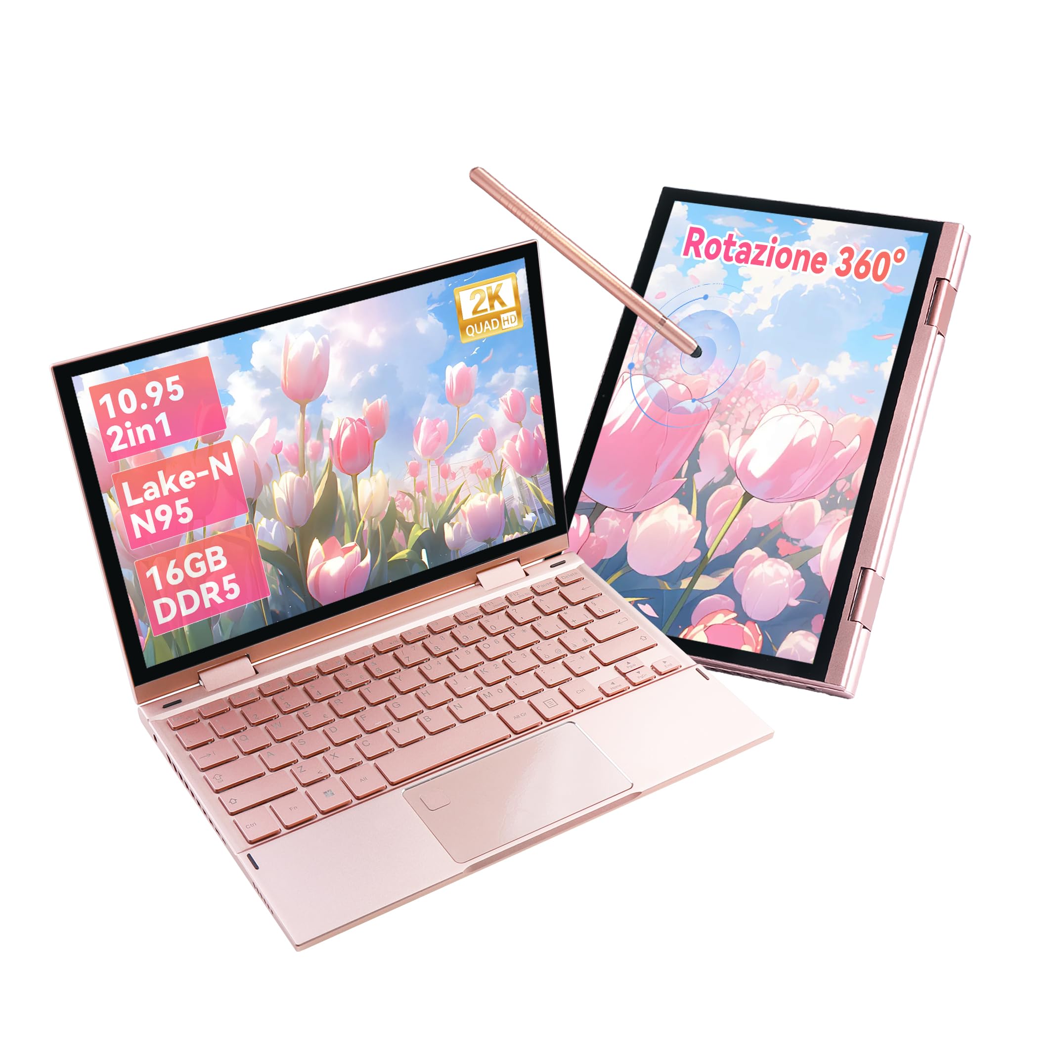 Mini Laptop 2 in 1 10.95" Touch Screen Notebook Convertibile 360° Win 11 Pro Celeron N95 16GB DDR5 256GB SSD 2000x1200 Tastiera Italiana Retroilluminata Stilo Oro Rosa