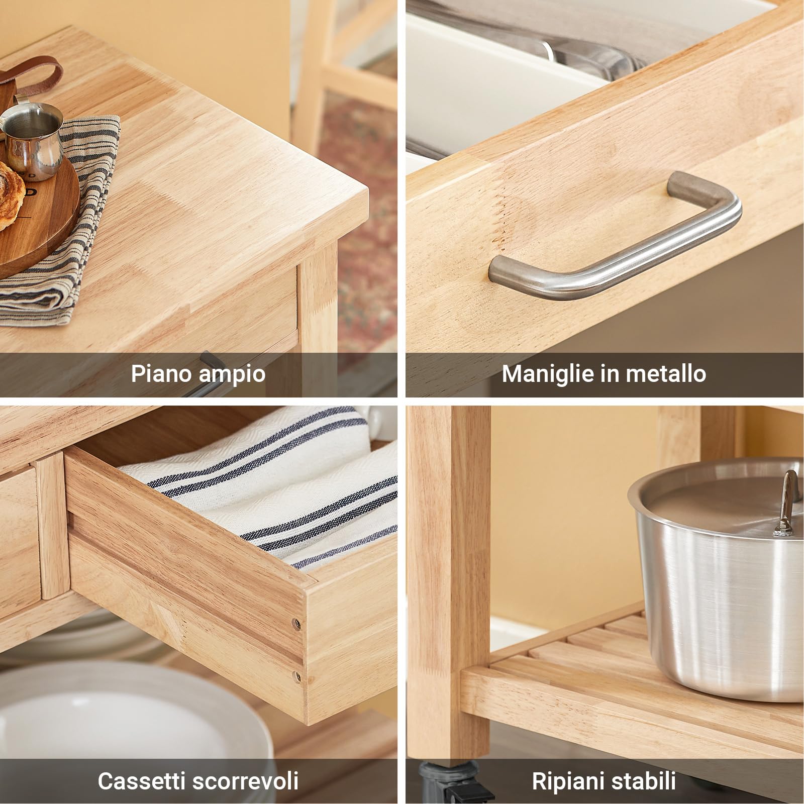 SoBuy Carrello da Cucina con Ruote, Mobile Cucina Salvaspazio in Legno Massiccio di Hevea – Mobile Soggiorno Credenza con 2 Cassetti e 2 Ripiani 80x40x90 cm FKW24-II-N