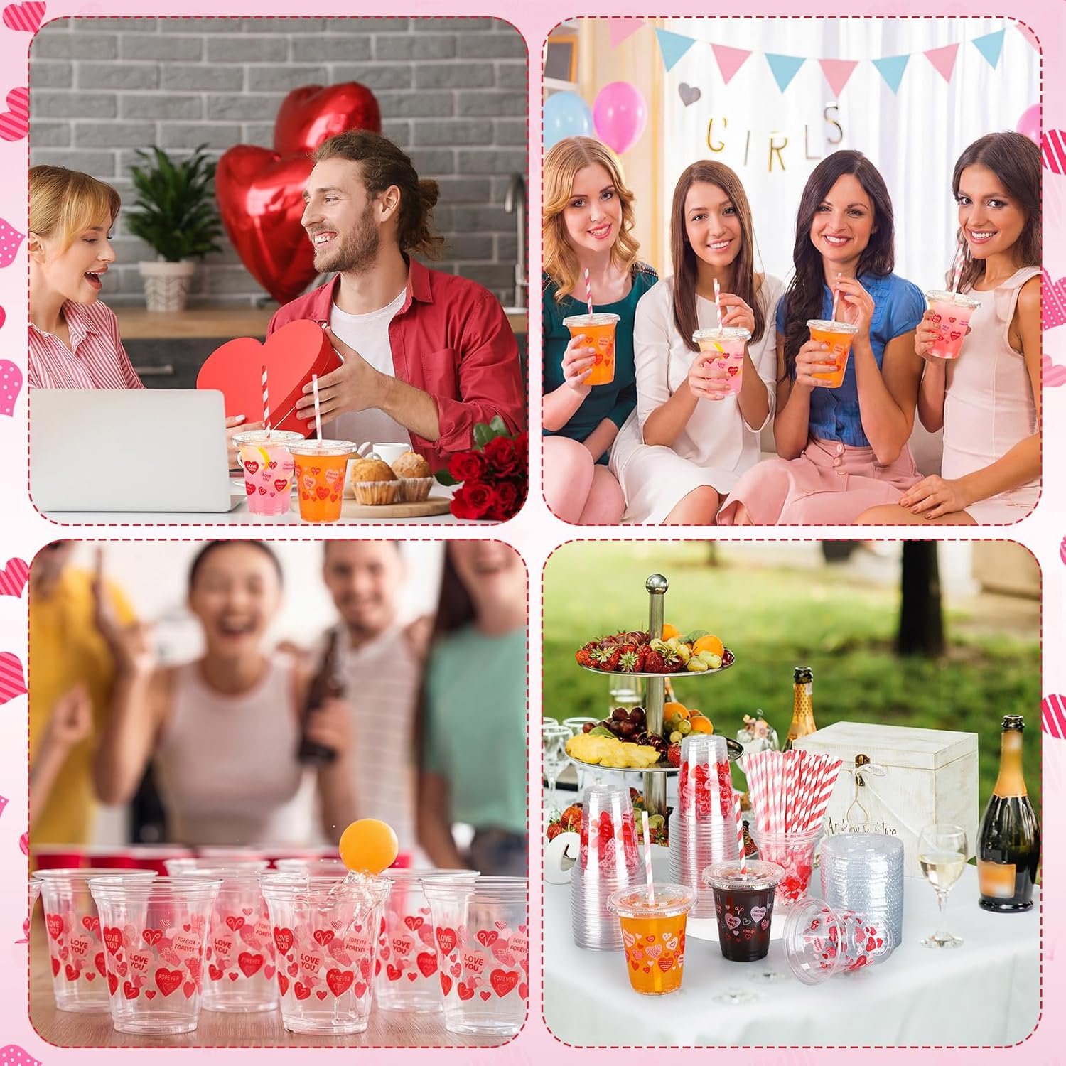 50 Set 12 oz Valentine's Day Disposable Plastic Cups with Lids and Paper Straws Pink Red Heart Love Cups for Beverage Drinking Hot Cold Coffee Wedding Birthday Anniversary Party Supplies - Image 5