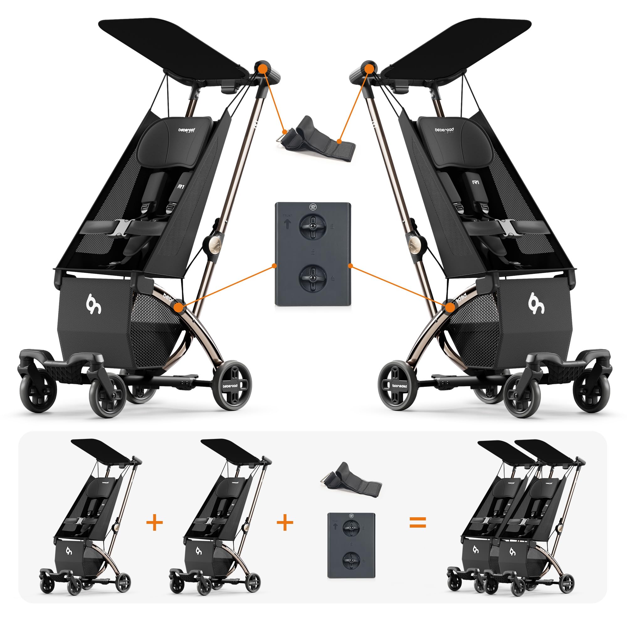 Beberoad Love R1 Auto-Folding Ultra Lightweight Double Stroller Twin Strollers, Side by Side Stroller for Babies and Toddlers Aged 6-36 Months, Only 23.5 lbs, Can Turn into Two Single Strollers, Black