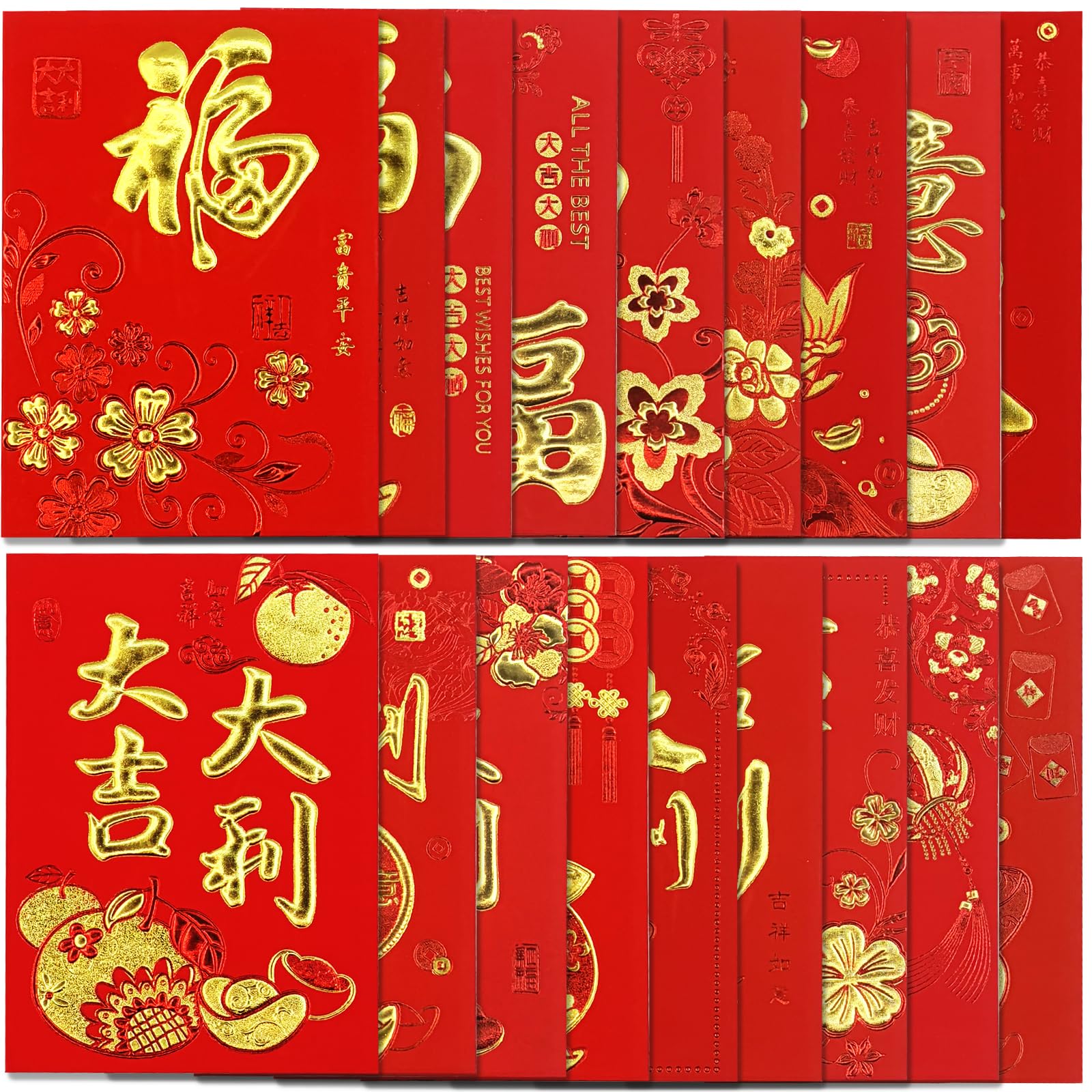 FAURAPMNG 54Pcs Chinese New Year Red Envelopes, Red Money Envelopes Large Hong Bao Lucky Money Cash Envelope Red Packets Lai See for Lunar New Year, Spring Festival, Wedding, Birthday, etc, 8X11.5CM