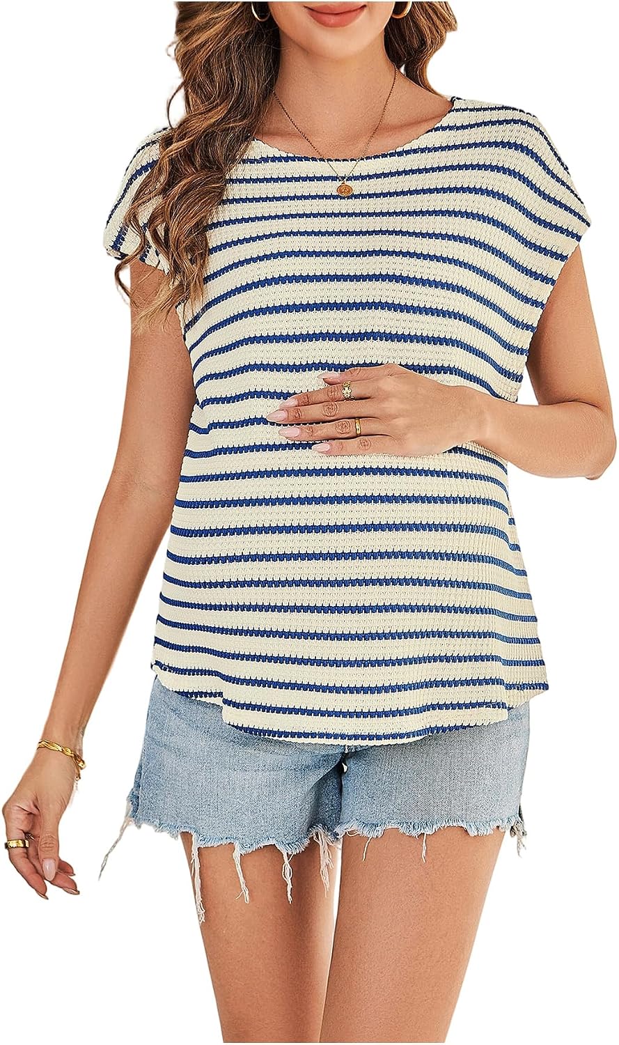 MakeMeChic Women's Maternity Textured T Shirt Summer Work Pregnancy Nursing Tops Crew Neck Short Sleeve Tees