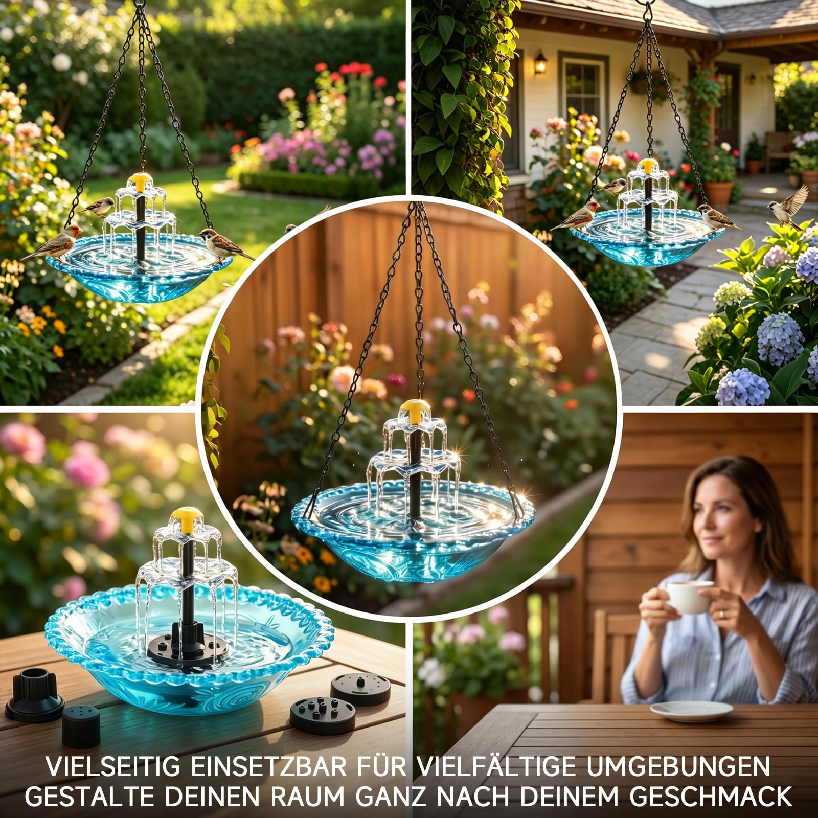 Vogeltränke Hängend, Vogeltränke Hängend mit Solarbrunnen, Vogeltränke mit Springbrunnen Solar, 3 Stufig Vogeltränke zum Aufhängen, Solarbetriebenes Vogelbad Garten für Garten Hof Terrasse Balkon