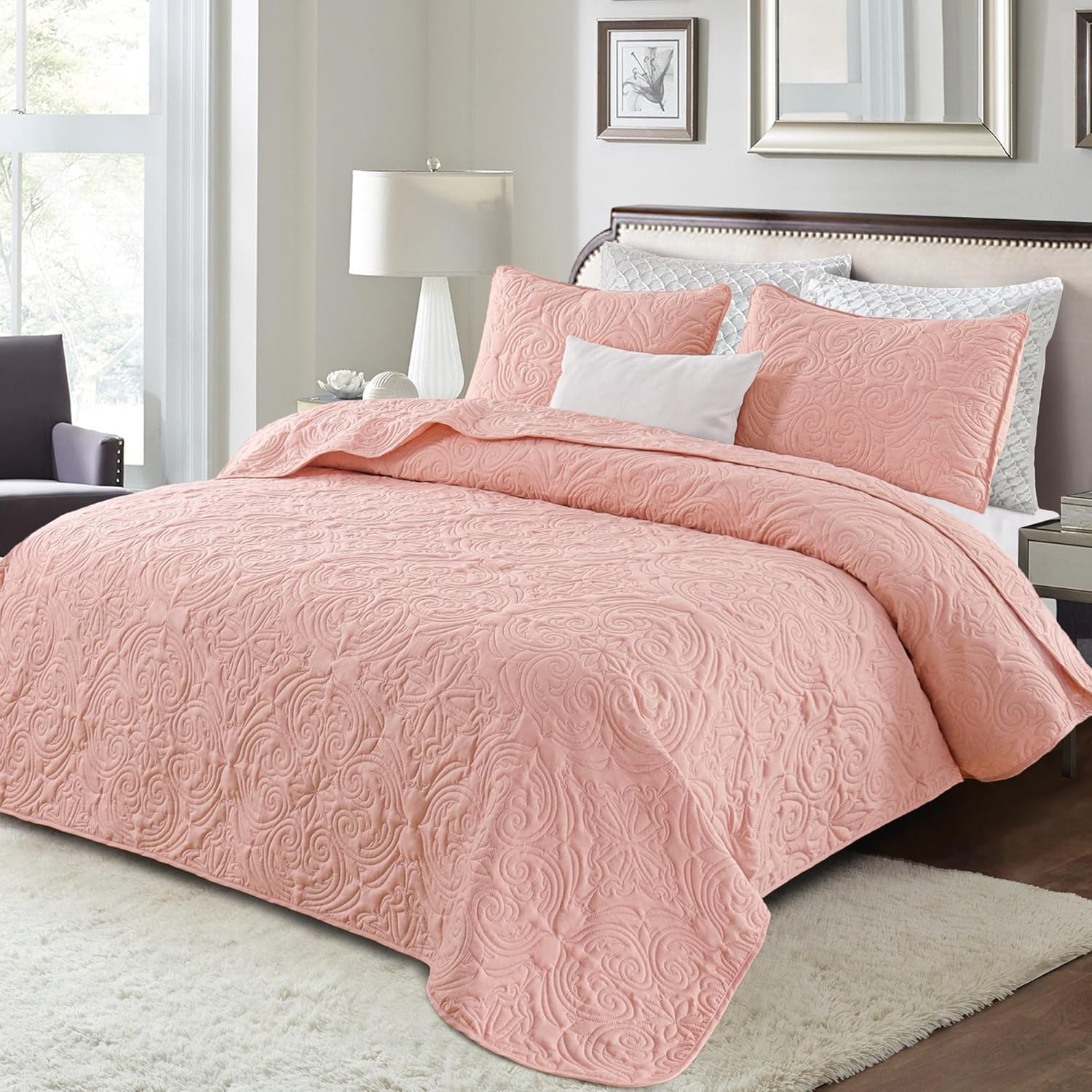 Exclusivo Mezcla Quilts Queen Size Bedding Set with 2 Pillow Shams, Lightweight Blush Pink Full Queen Quilt Bedspread with Vintage Damask Pattern, Soft Bedspreads Coverlets for All Seasons - Image 2