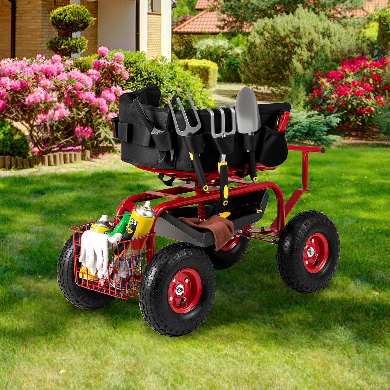 IRONMAX Garden Cart with Seat, Gardening Rolling Stool Scooter w/ 10’’ All-Terrain Wheels, Replaceable Handle & Removable Cushion for Planting, Outdoor Gardening Work Seat for Patio, Yard (Red)