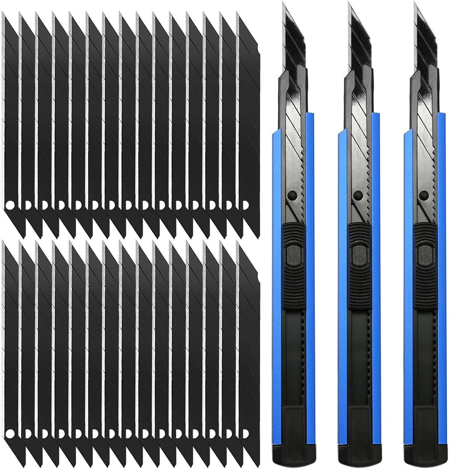 FOSHIO Retractable Utility Knife with 30 Degree Snap Off Blade 9MM, Box Cutter for Carton, Cardboard and Box, Office and Home Use, 3 Pack Red Aluminum Handle Knife ​with Extra 30 Replacement Blades