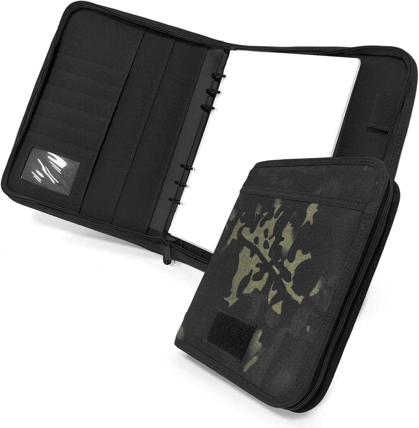 Tactical Notebook Cover, A5 Padfolio 6 Ring Binder with Big Back Pocket & Hand Strap, Zippered Hardcase Planner for Journal, College, Office, Field (Black Camo, A5(7.3 x 10 inches))