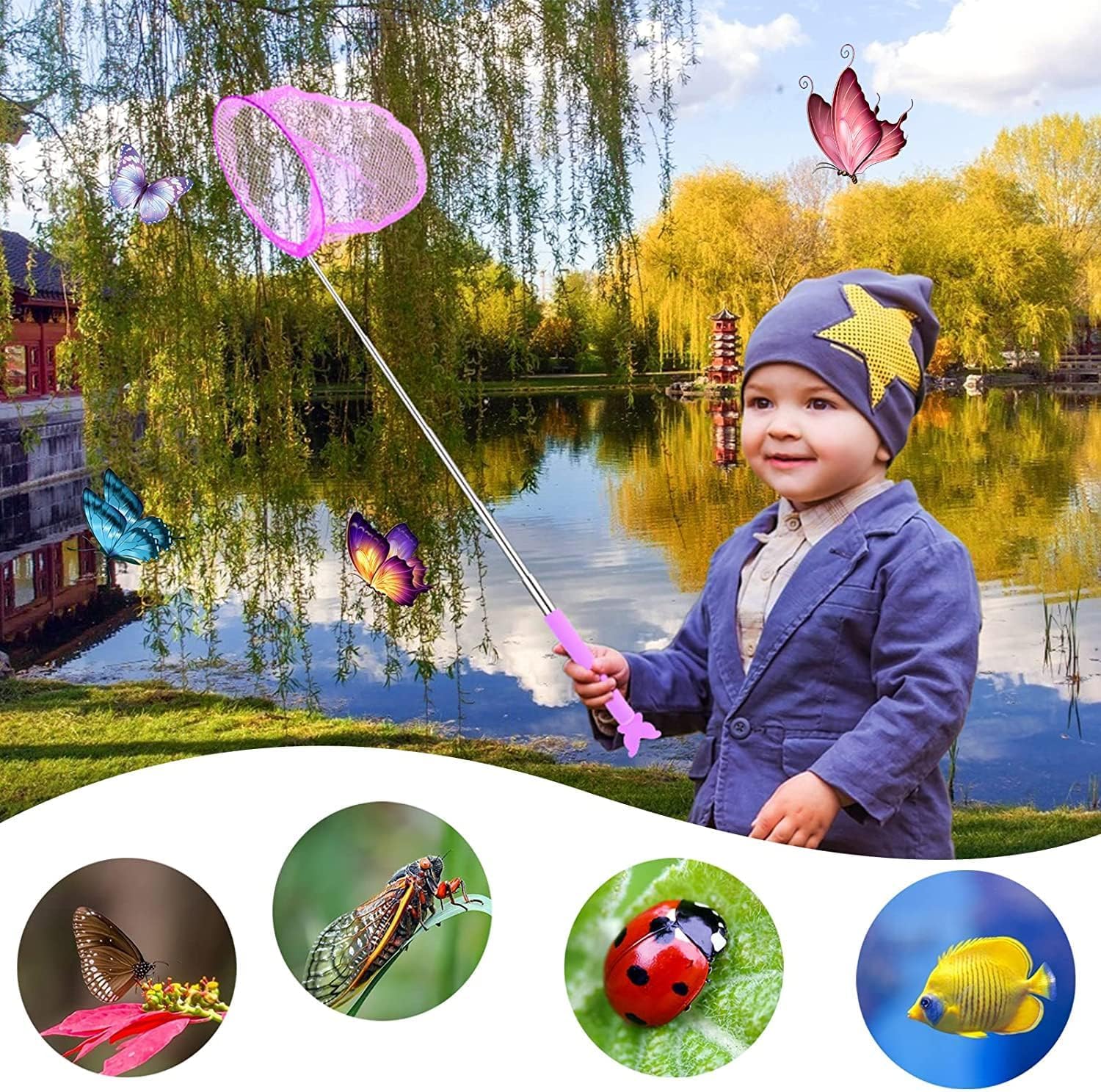 Petite Epuisette Piscine Enfant Filet à Papillons Télescopique Avec Seau - Filet De Pêche Pour Enfants - Acier Inoxydable Filet Papillon