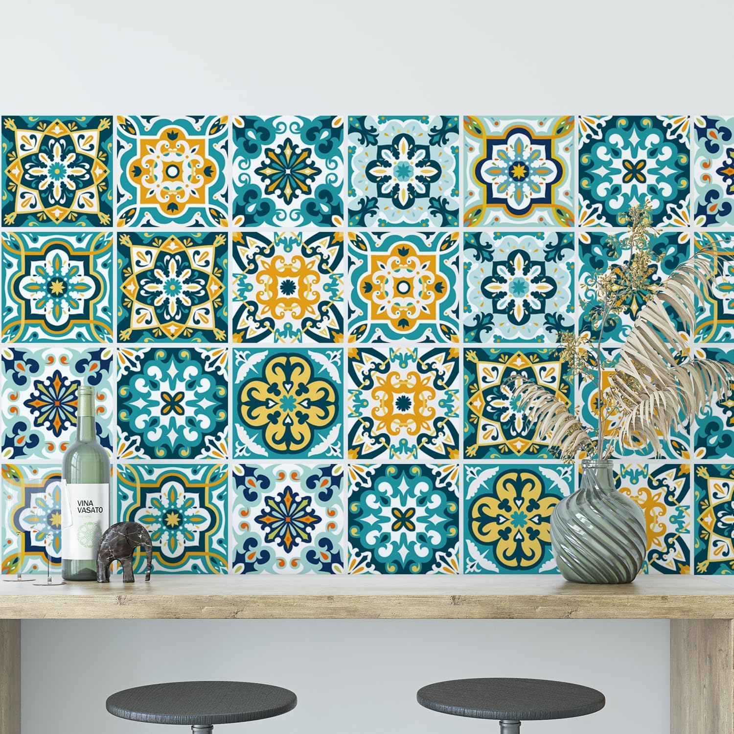 30Pcs Bohemian Self-Adhesive Wall Sticker, Floral Pattern, Peel and Paste, Waterproof Living Room Kitchen Bedroom Wall Sticker, Tile Wall Sticker, Home Wall Decor, 4x4 Inch