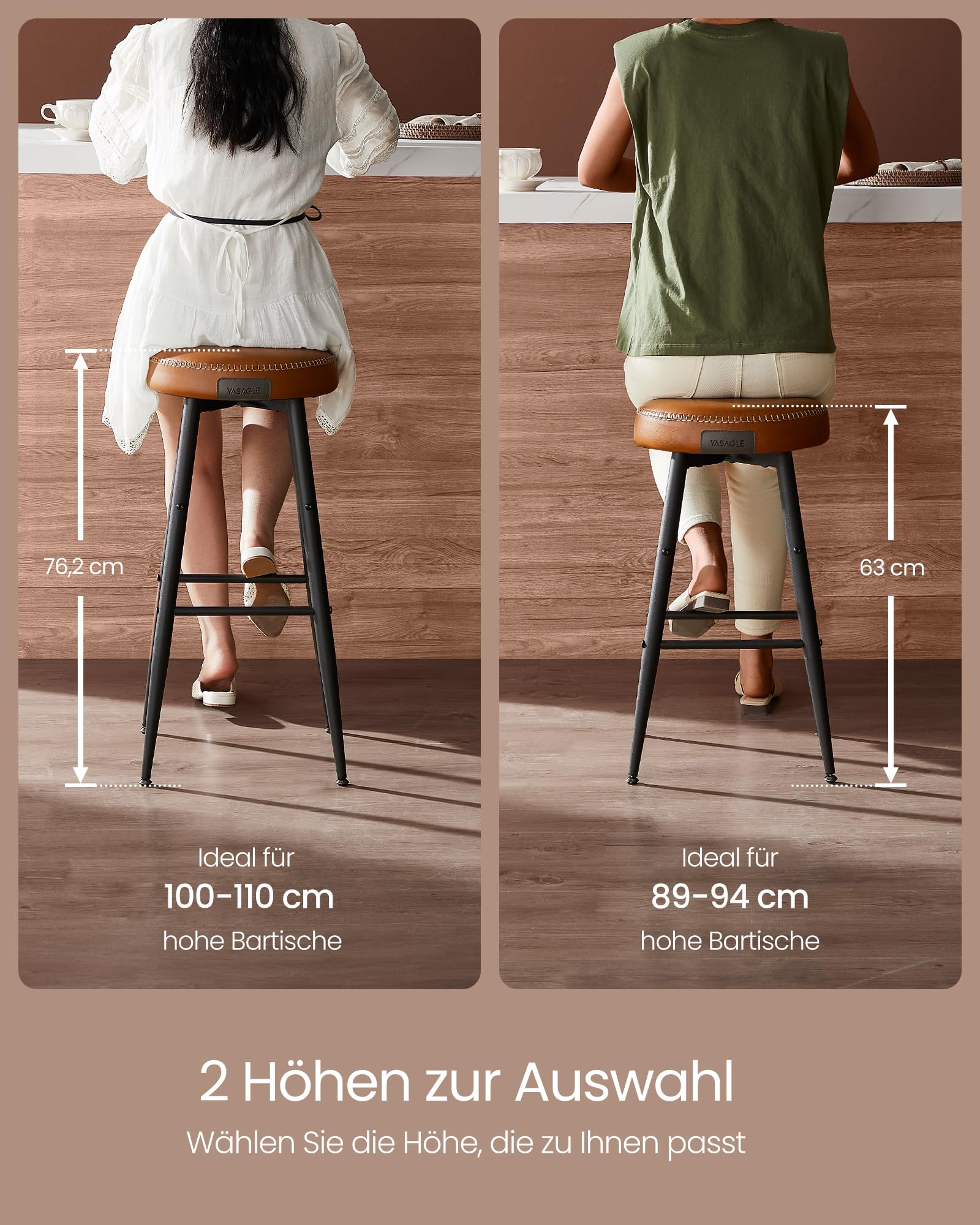 VASAGLE EKHO Kollektion - Barhocker 2er Set, Barstuhl, Küchenstuhl, Kunstleder, Mid-Century-Modern-Stil, 76 cm hoch, Küche, Esszimmer, einfacher Aufbau, karamellbraun und Mattschwarz LBC090K01V1