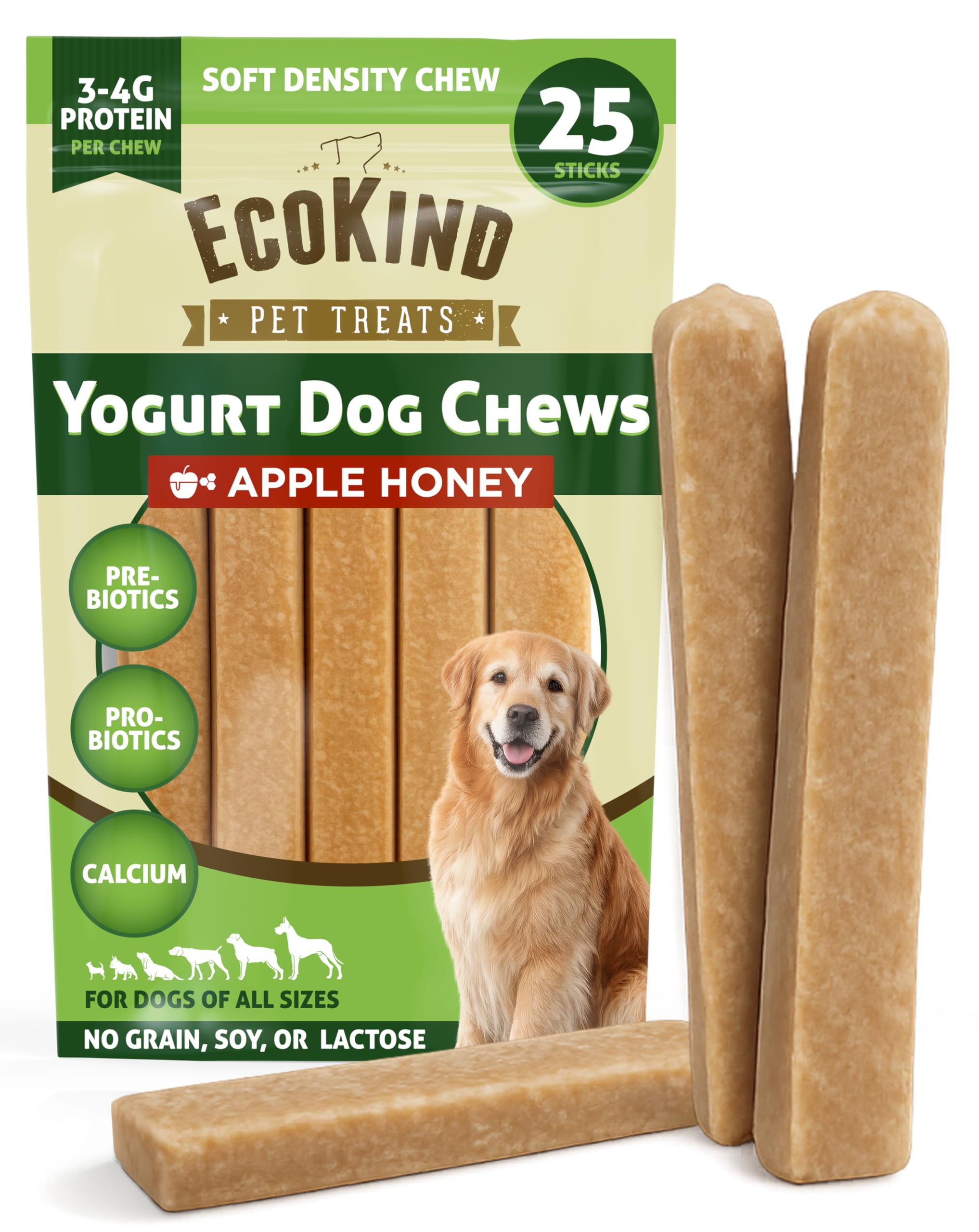 EcoKind Yogurt Dog Chews – Apple Honey | Dog Treats with Probiotics for Digestive Health, Gut Support & Wellness | Lactose Free, Grain Free, Natural