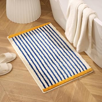 GIB Bathroom Rugs 32"x20", Extra Soft Absorbent Non Slip Washable Bath Mat | TPR Backing, Cute Fun Colorful Bath Mat for Bathroom Floor, Tub and Shower Home Decor Accessories, Blue Striped Yellow Accent