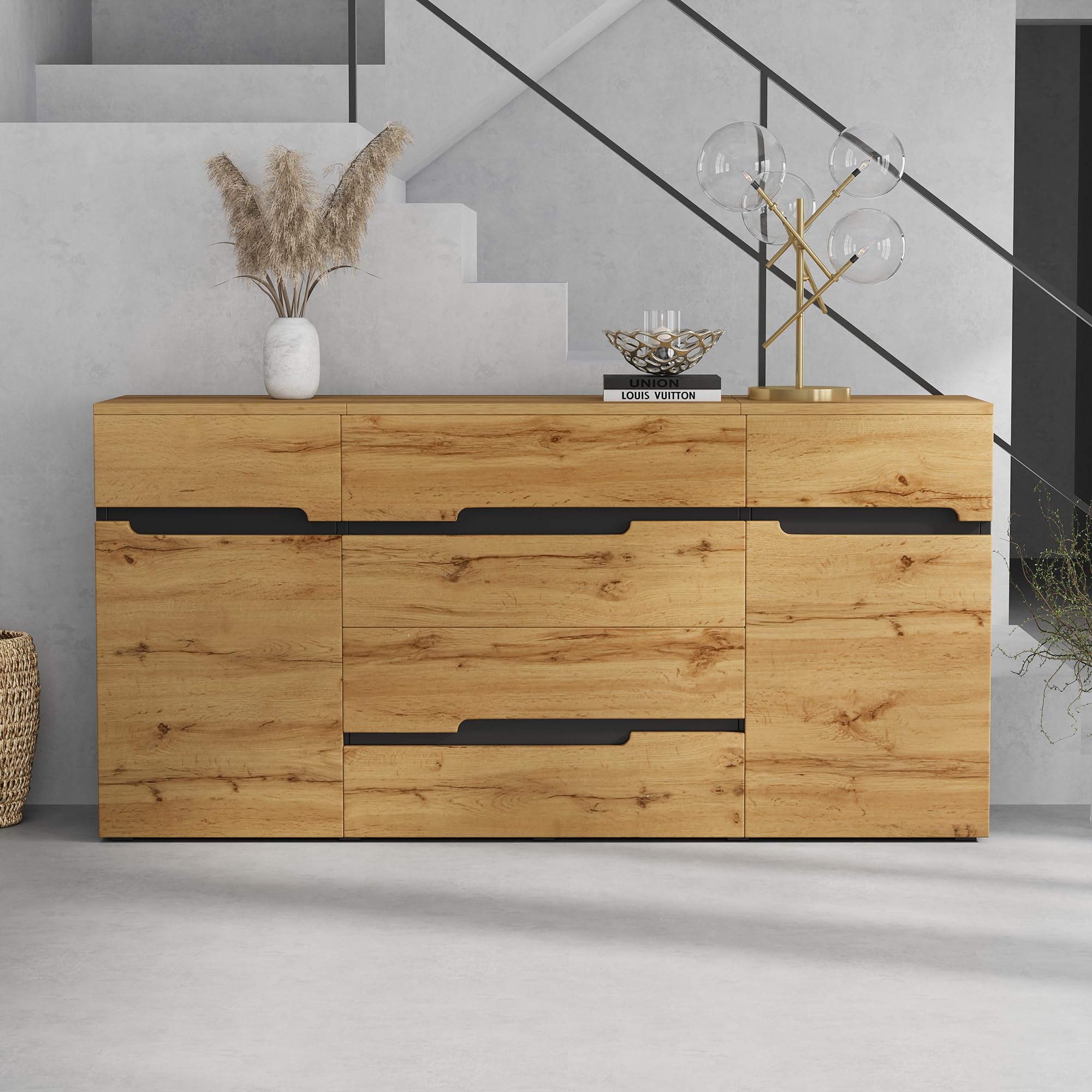 Merax Aparador con 2 puertas de armario, 4 cajones, aparador de madera, armario de cocina buffet, armarios anchos sin mango, color madera + negro/160 x 40 x 80 cm