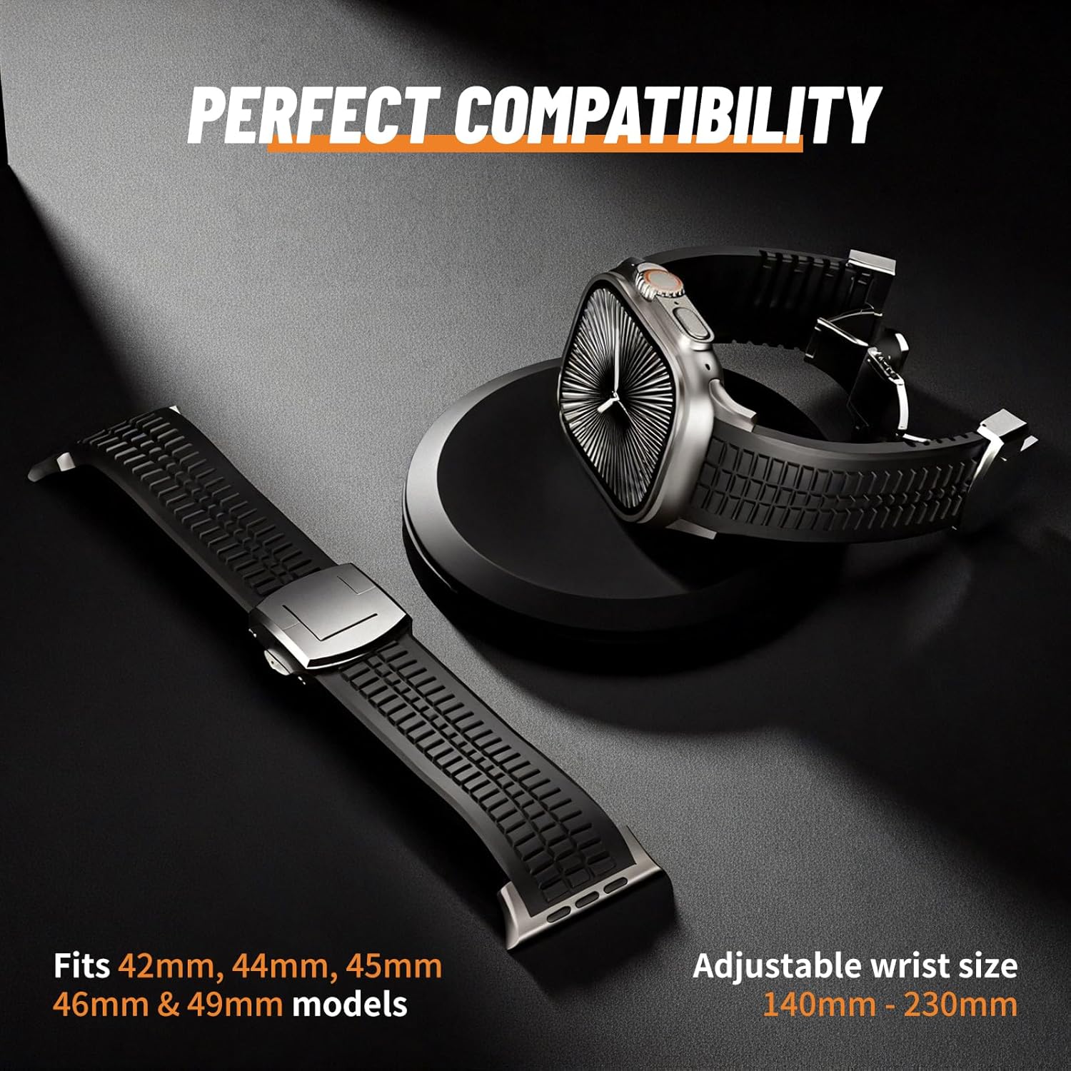 Silicone WatchBand Compatible with Apple Watch for Men 42mm 44mm 45mm 49mm Ultra 2/Ultra/Series 10/9/8/7, Strong Silicone Sport Band with Adjustable Folding Buckle