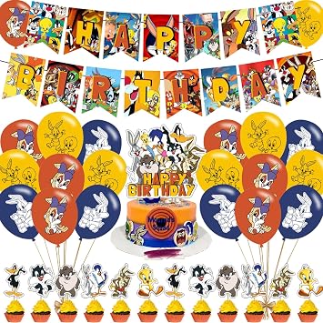 Tunes of Looney Party Decorations,Baby Bugs Bunny Birthday Party Supplies Includes Banner- Cake Topper - 24 Cupcake Toppers - 18 Balloons