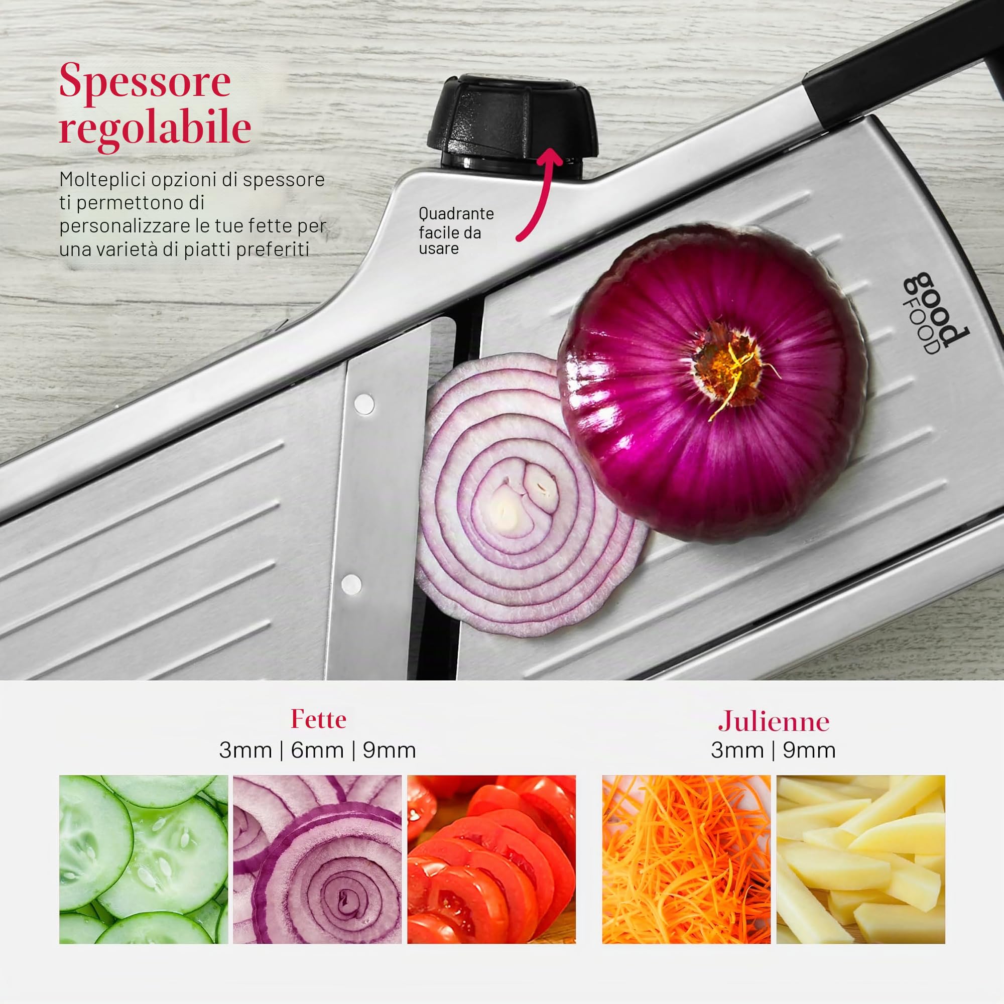 Good Food GF847073 - Mandolino da chef con lame di precisione in acciaio inox, impostazioni regolabili e base antiscivolo in silicone, acciaio inossidabile e nero