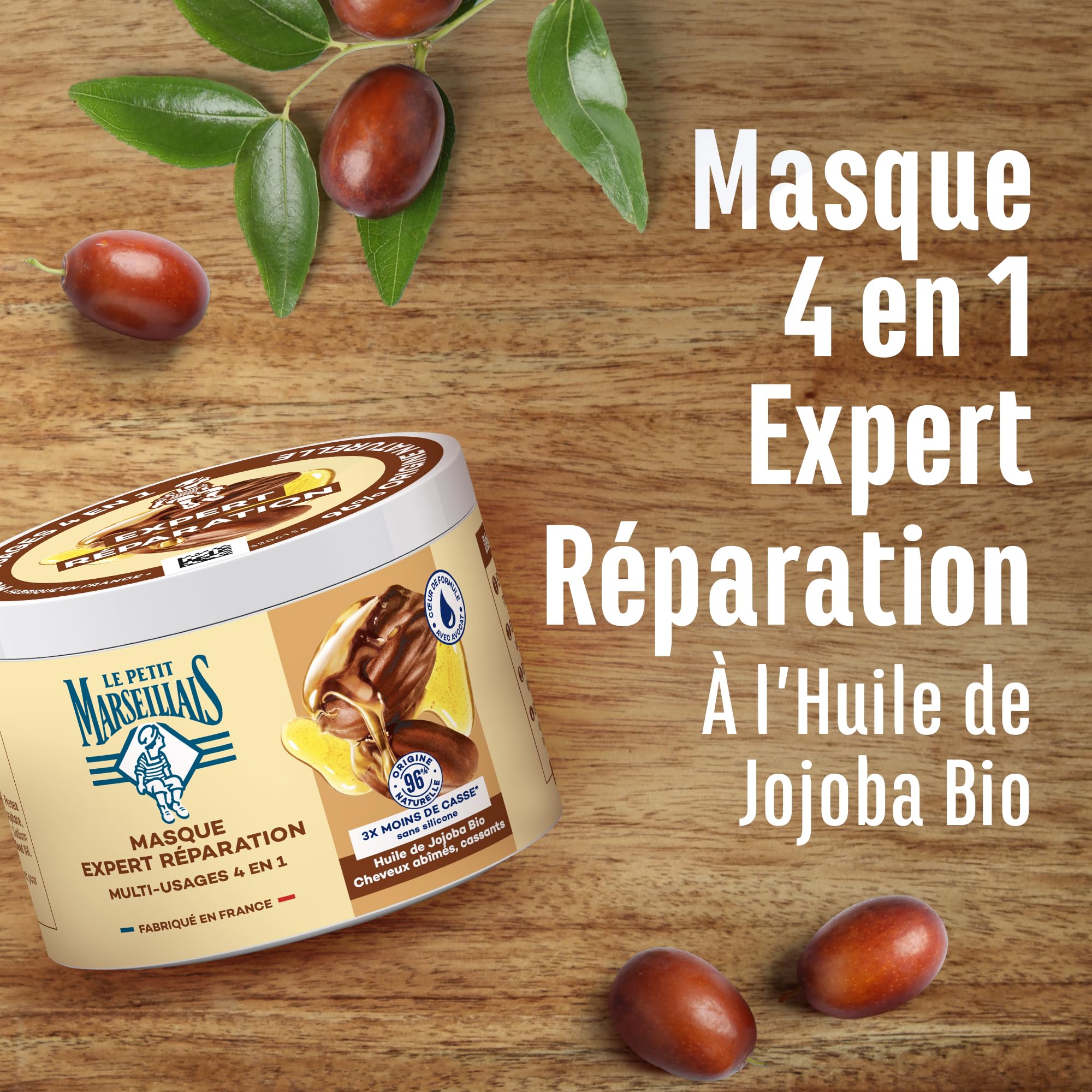 Le Petit Marseillais – Masque 4 en 1 Expert Réparation Huile de Jojoba Bio (Pot de 370 Ml) – Masque Capillaire pour Cheveux Cassants – Soin Cheveux sans Silicone 96% d'Origine Naturelle
