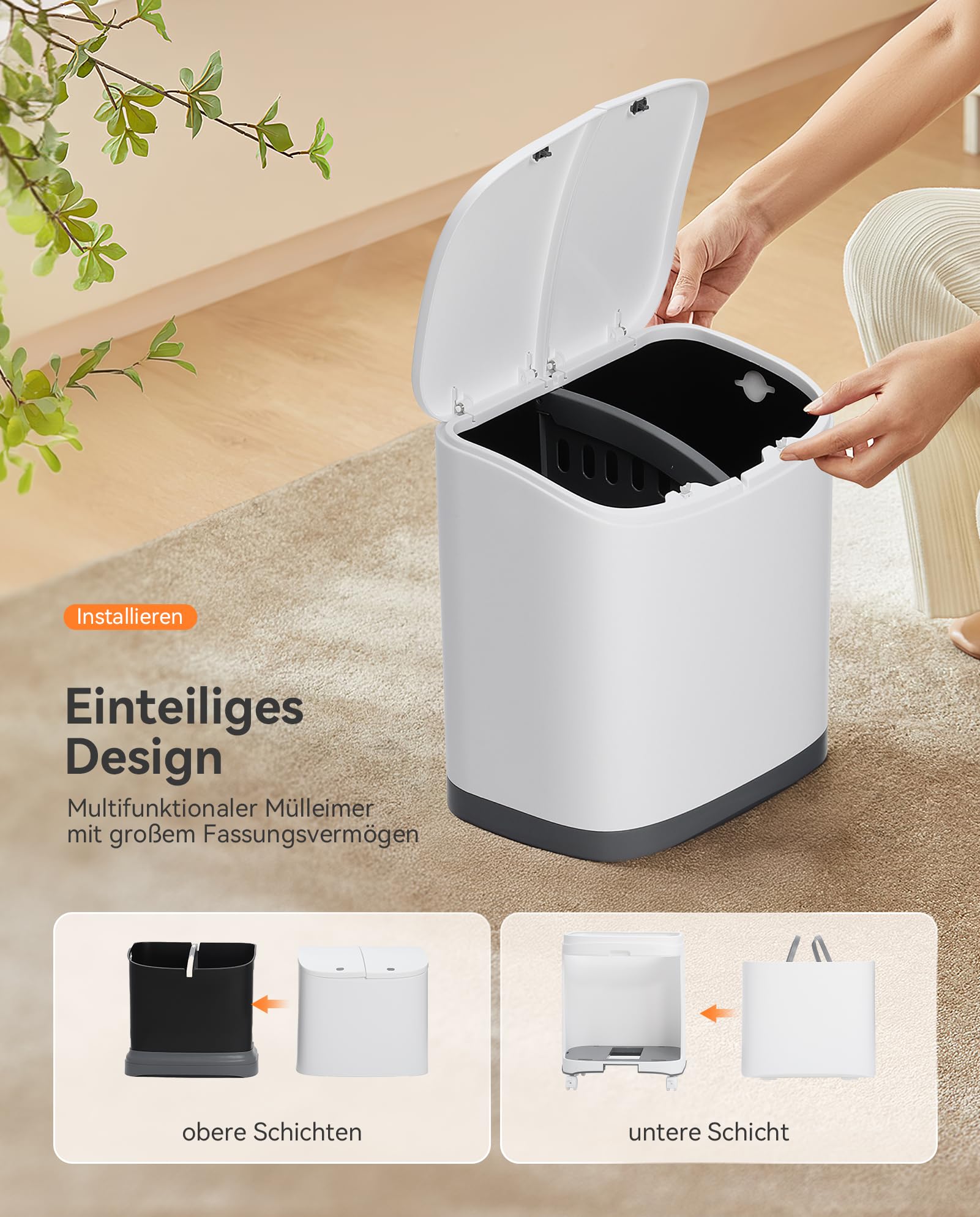 Warmiehomy Mülleimer Küche 2 Fächer, 36x20x79cm 48 Liter Große Doppelmülleimer aus Kunststoff Mülltrennsystem, Integrierter abnehmbarer Mülleimer mit Deckel auf Rädern Abfalleimer Küche (Weiß)