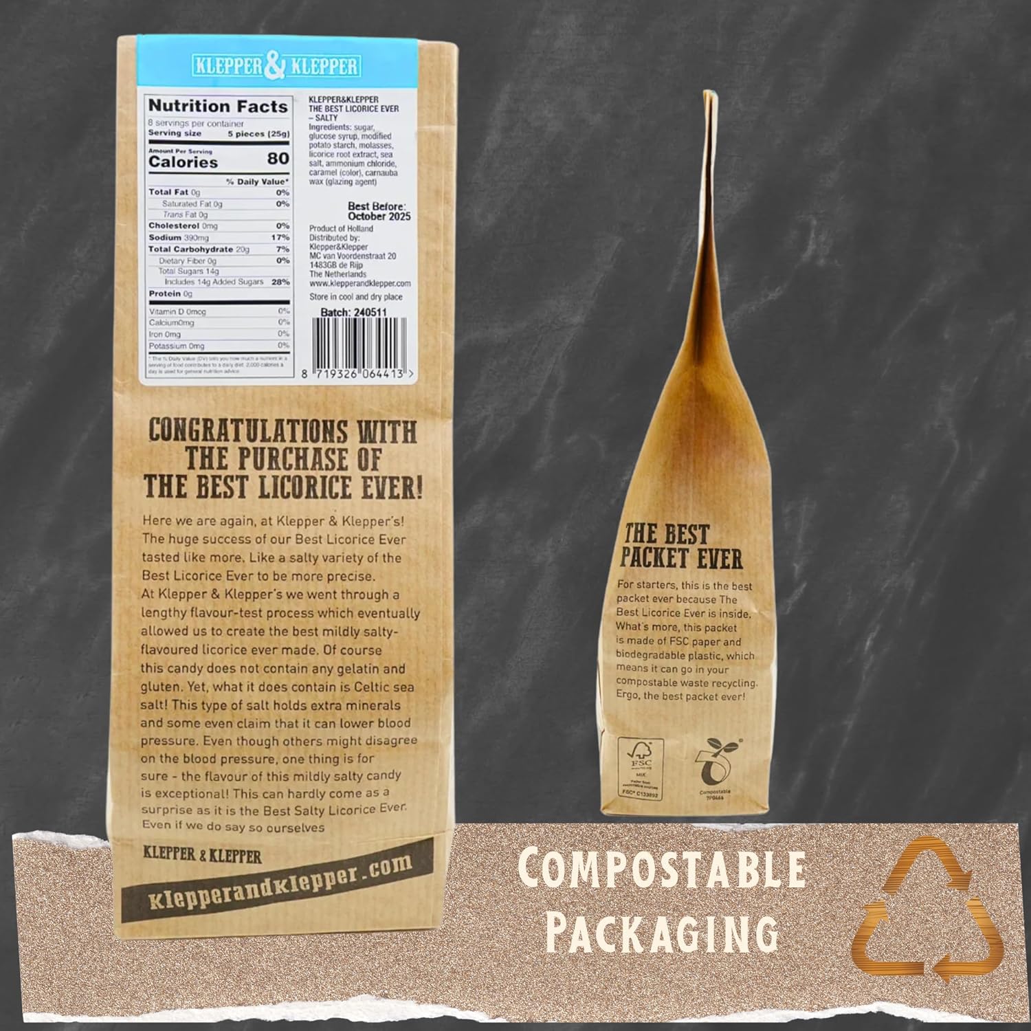 Klepper & Klepper Salty Dutch Salmiakki-Style Black Licorice Gluten-Free & Gelatin-Free Bold Savory Flavor Candy in Compostable Packaging 7 oz Bag- 3 pack