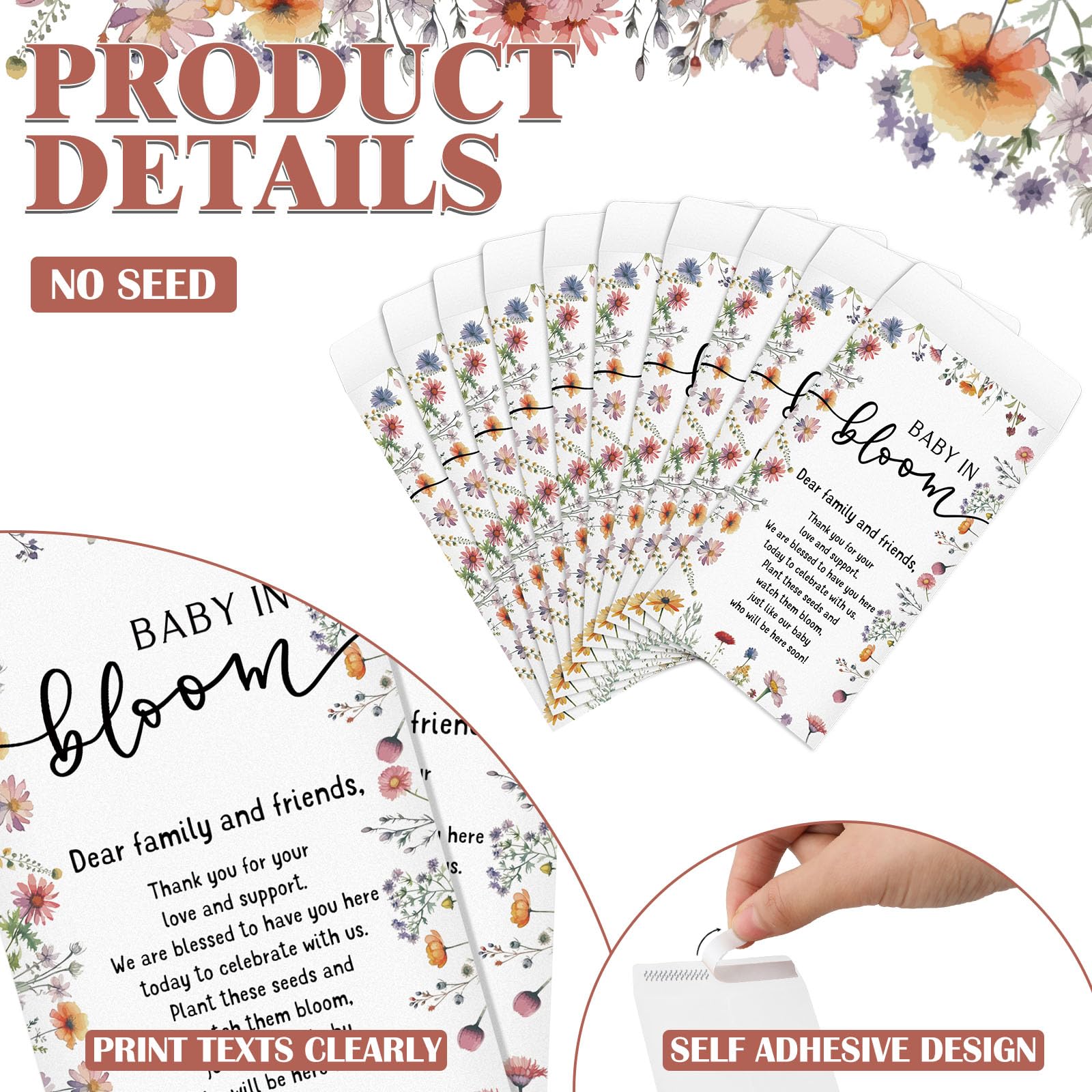 100-Pack Baby Shower Seed Favors - Self Adhesive Kraft Envelopes With Cards & Organza Bags