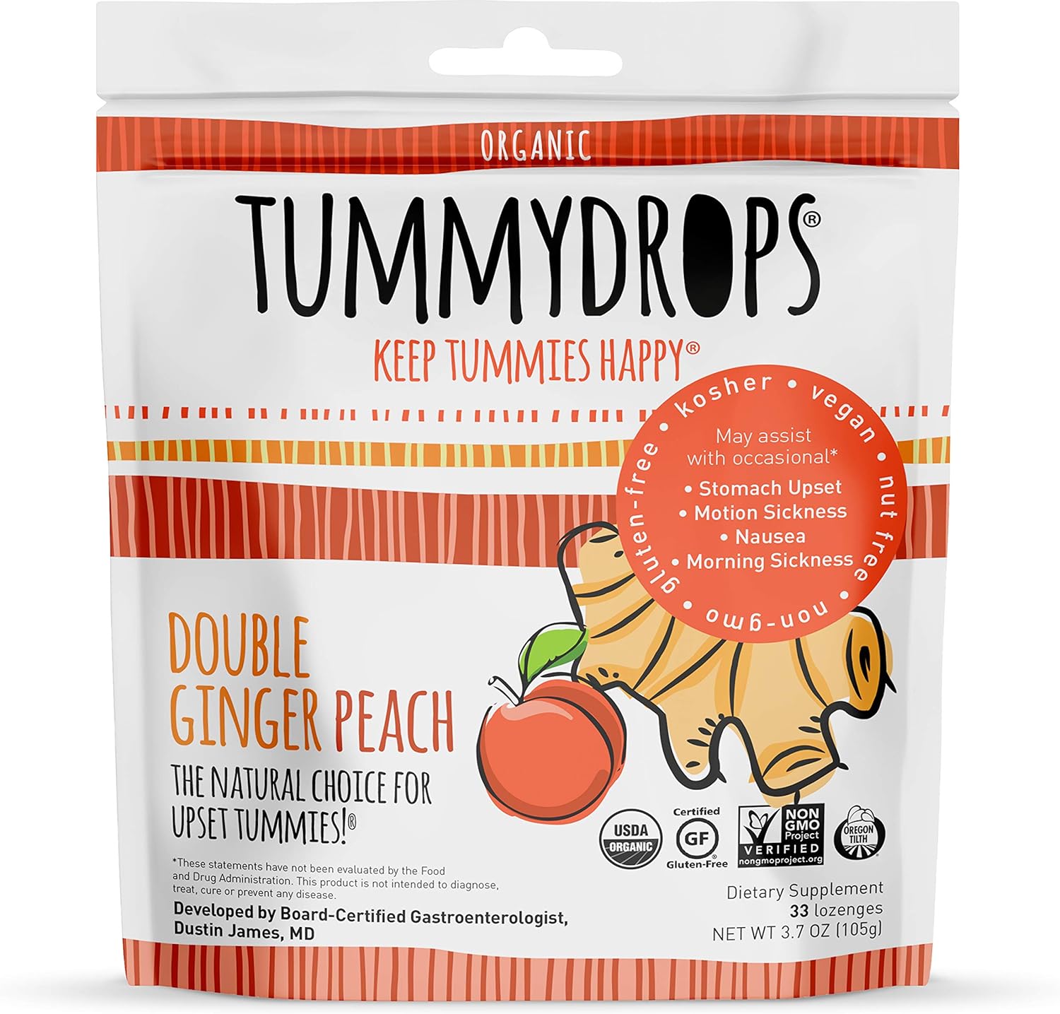 Natural Peppermint Tummydrops (Resealable Bag with at Least 30 Individually Wrapped Drops) : Health & Household
