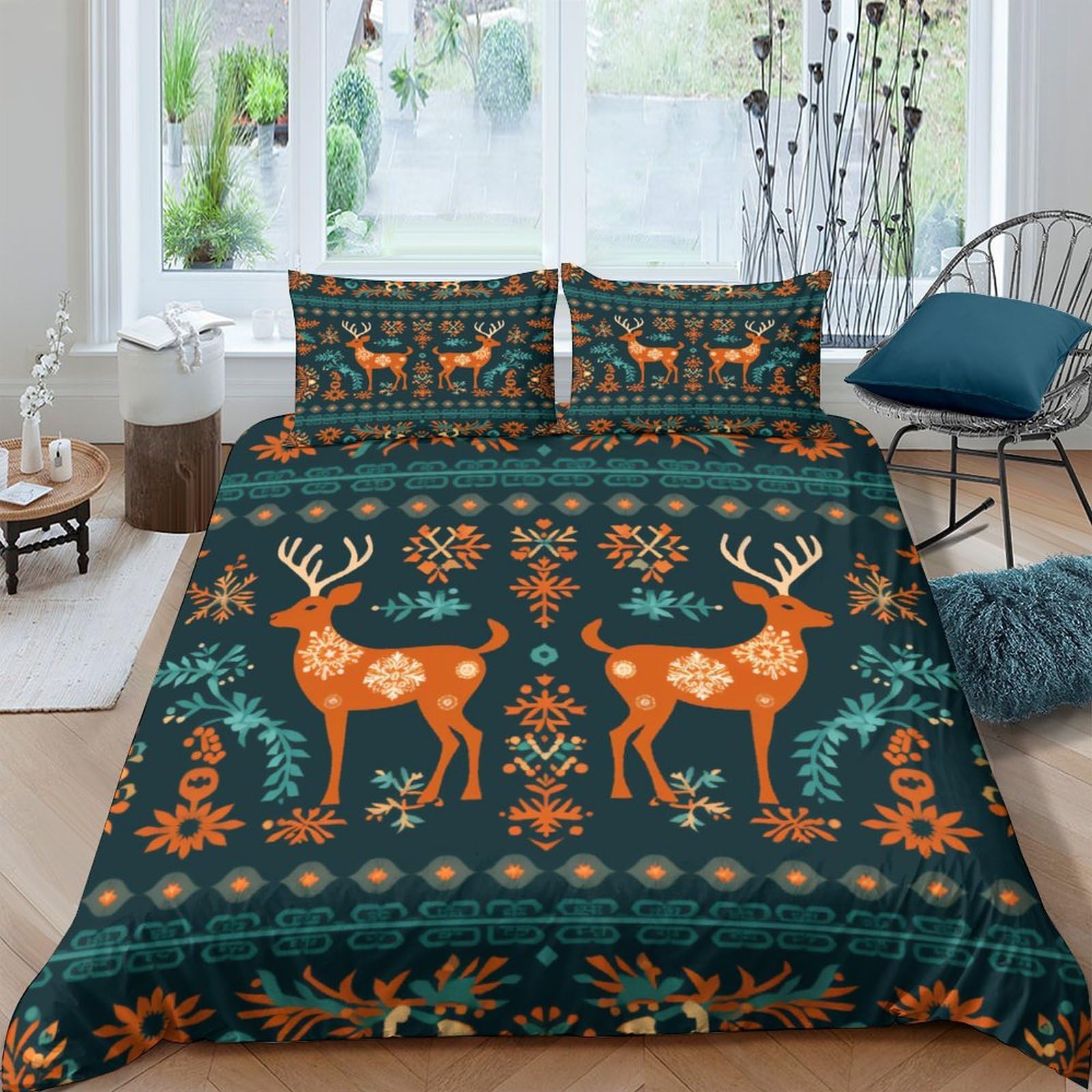 Parure de lit cerf et flocon de neige en microfibre 200x200 cm avec 2 taies