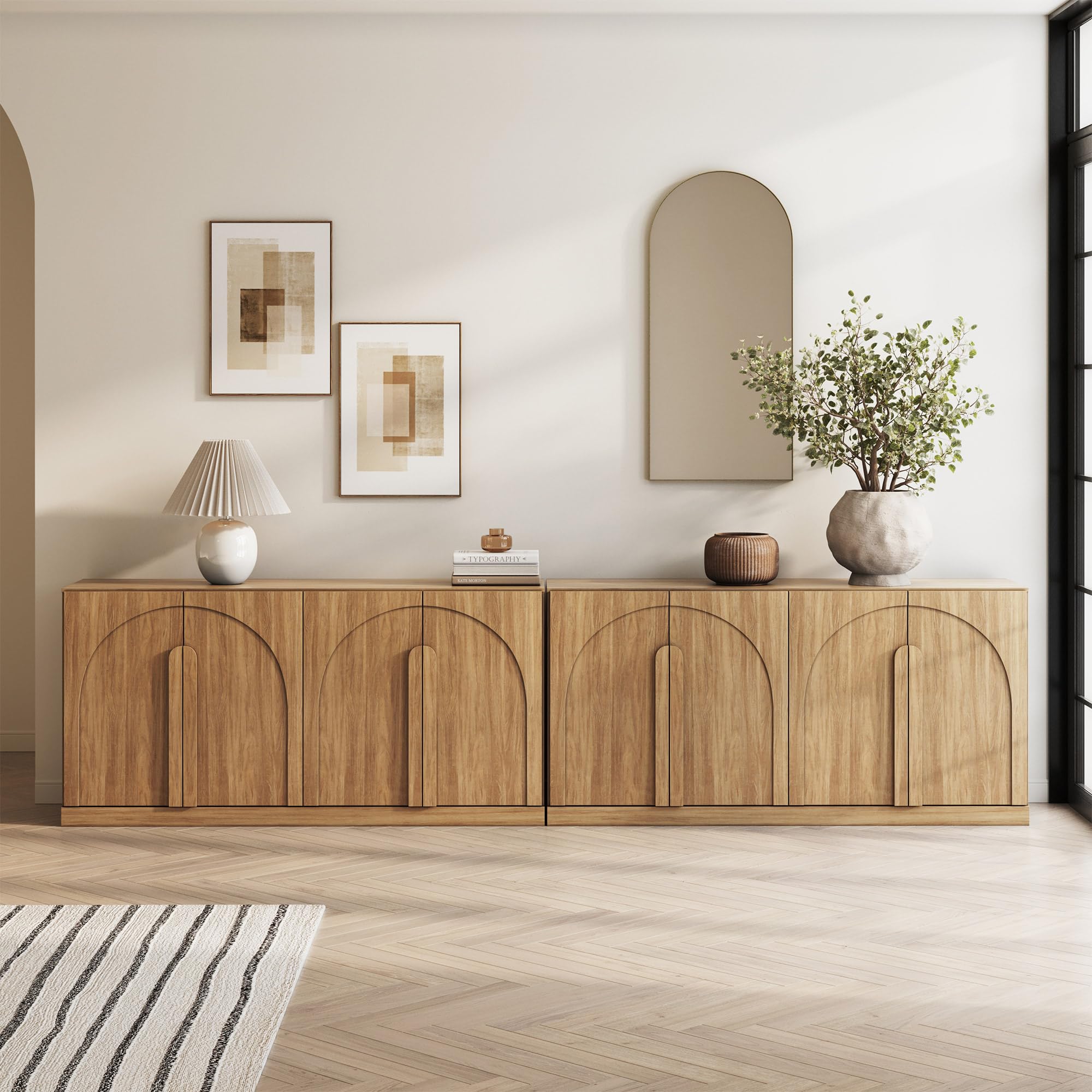 BELLEZE Set of 2 Bijou 64" Modern Buffet Sideboard, Mid-Century Arch Carved Wood Door Cabinet, Textured Storage Console for Living Room, Kitchen, Entryway - Camel