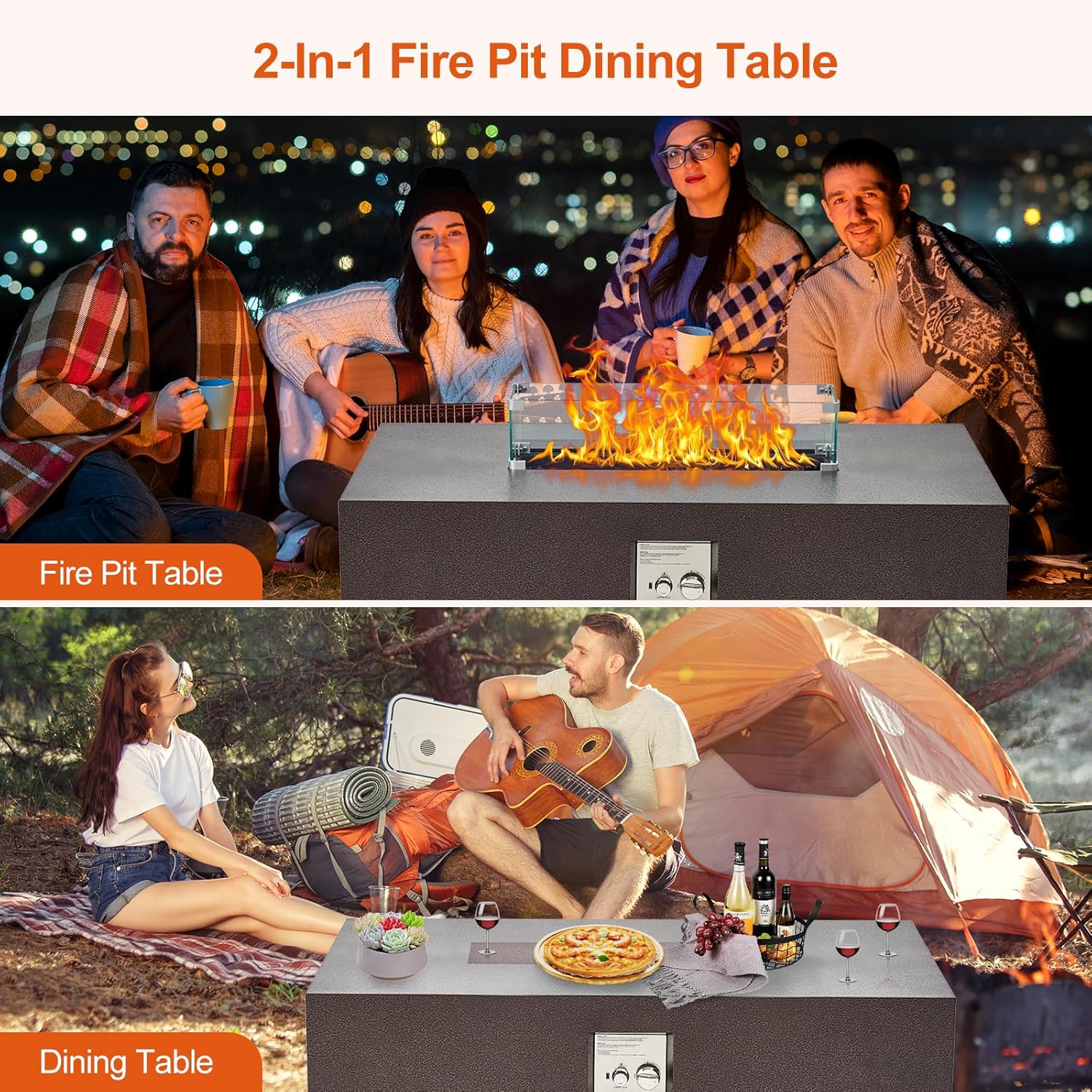 48" Outdoor Fire Table, 48 inch Rectangle Propane Gas Fire Pit Table, 50,000 BTU Modern Firepit with 16 inch Tank Cover Side Table, Wind Guard, Fire Glass, Rain Cover