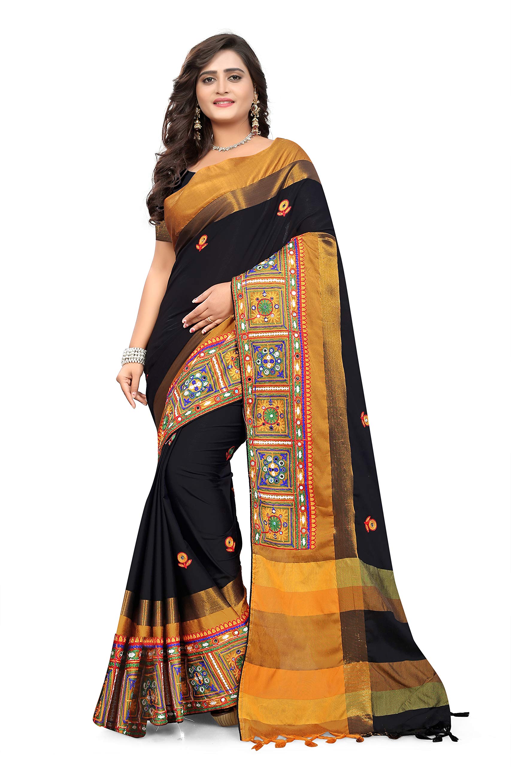 cotton silk with blouse piece Saree (Riva405_ Red_ Free Size), black, One Size