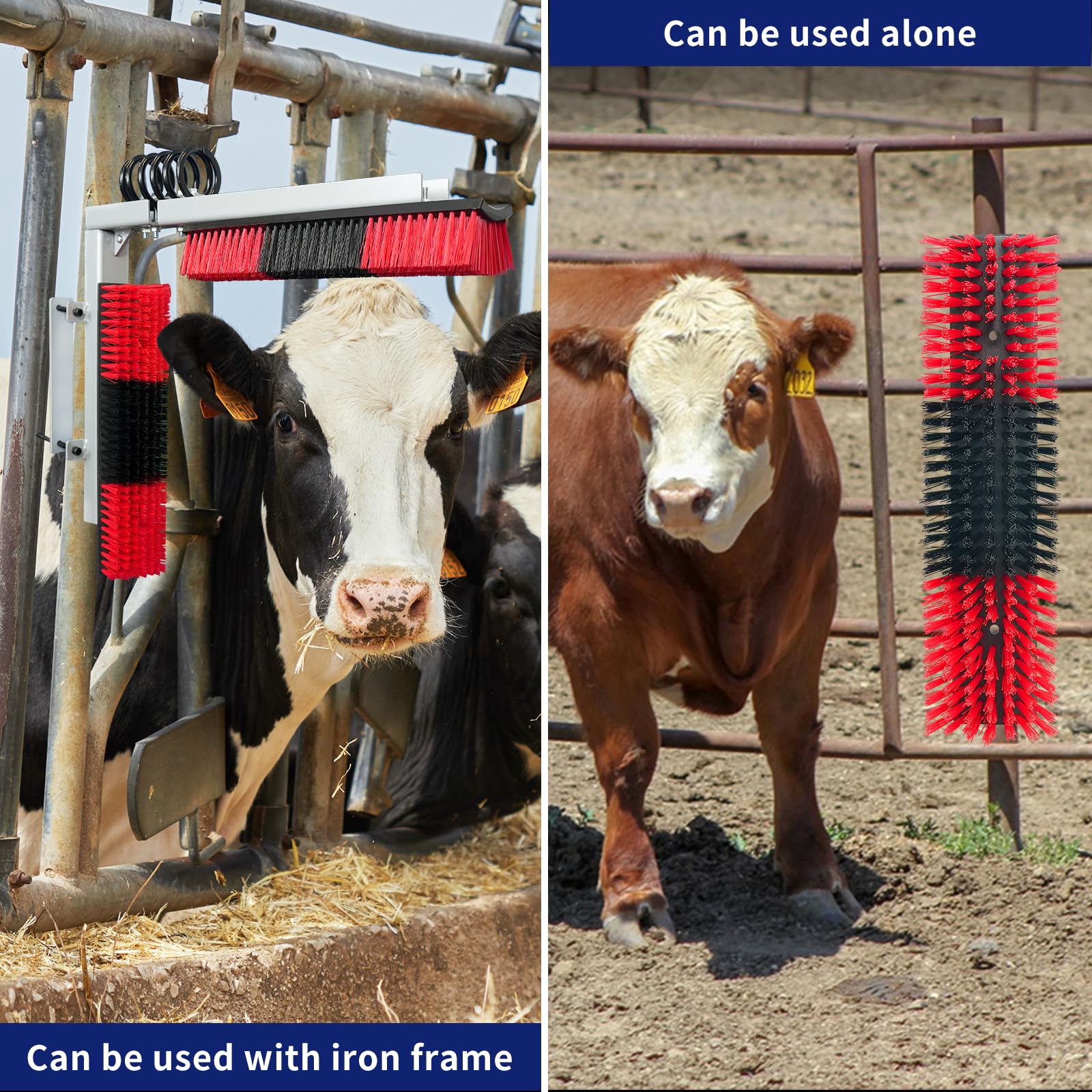 Cepillo para rascar ganado con soporte de hierro de resorte, cepillo para rascar la espalda de animales, incluye 4 cepillos de cabra, 4 soportes y accesorios para vaca, ganado, ovejas, caballos