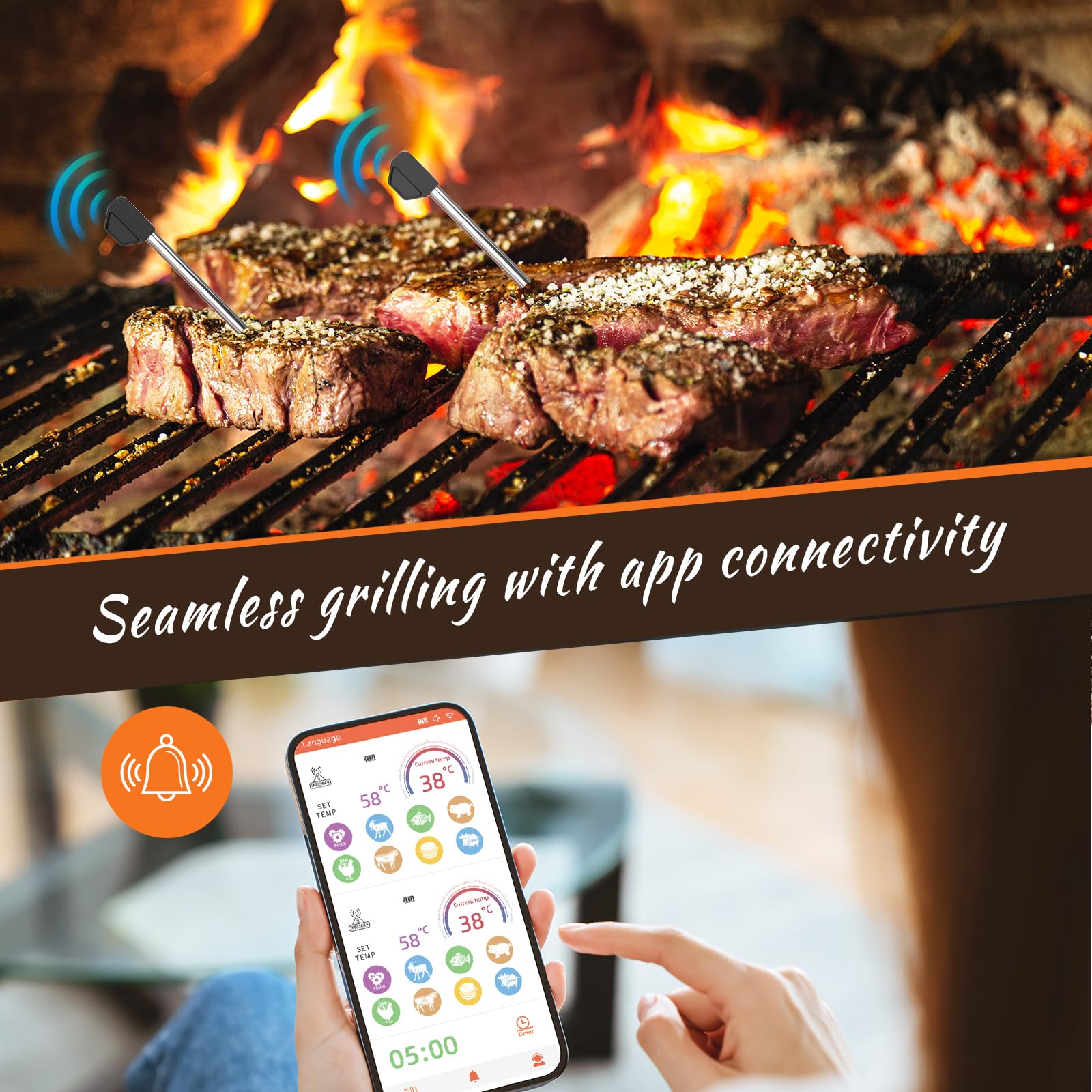 Digital Meat Thermometer, 500FT Wireless Meat Thermometer, Smart App Control, IP67 Waterproof Wireless Meat Probe Oven Safe, Bluetooth Meat Thermometer for Grilling, Kitchen, Cooking BBQ (2)