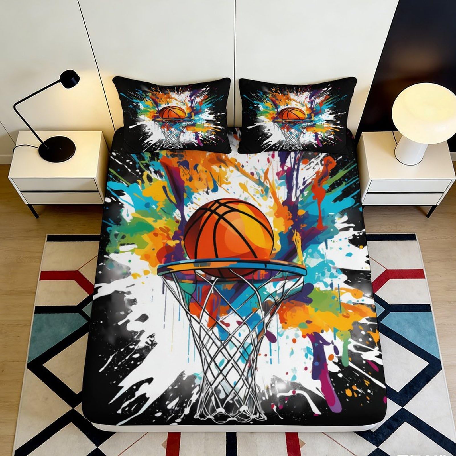 3D Printed Basketball Splash Fitted Sheet Microfiber Vibrant Graffiti Bed Cover for Bedroom Dorm Decor 90x200x25cm