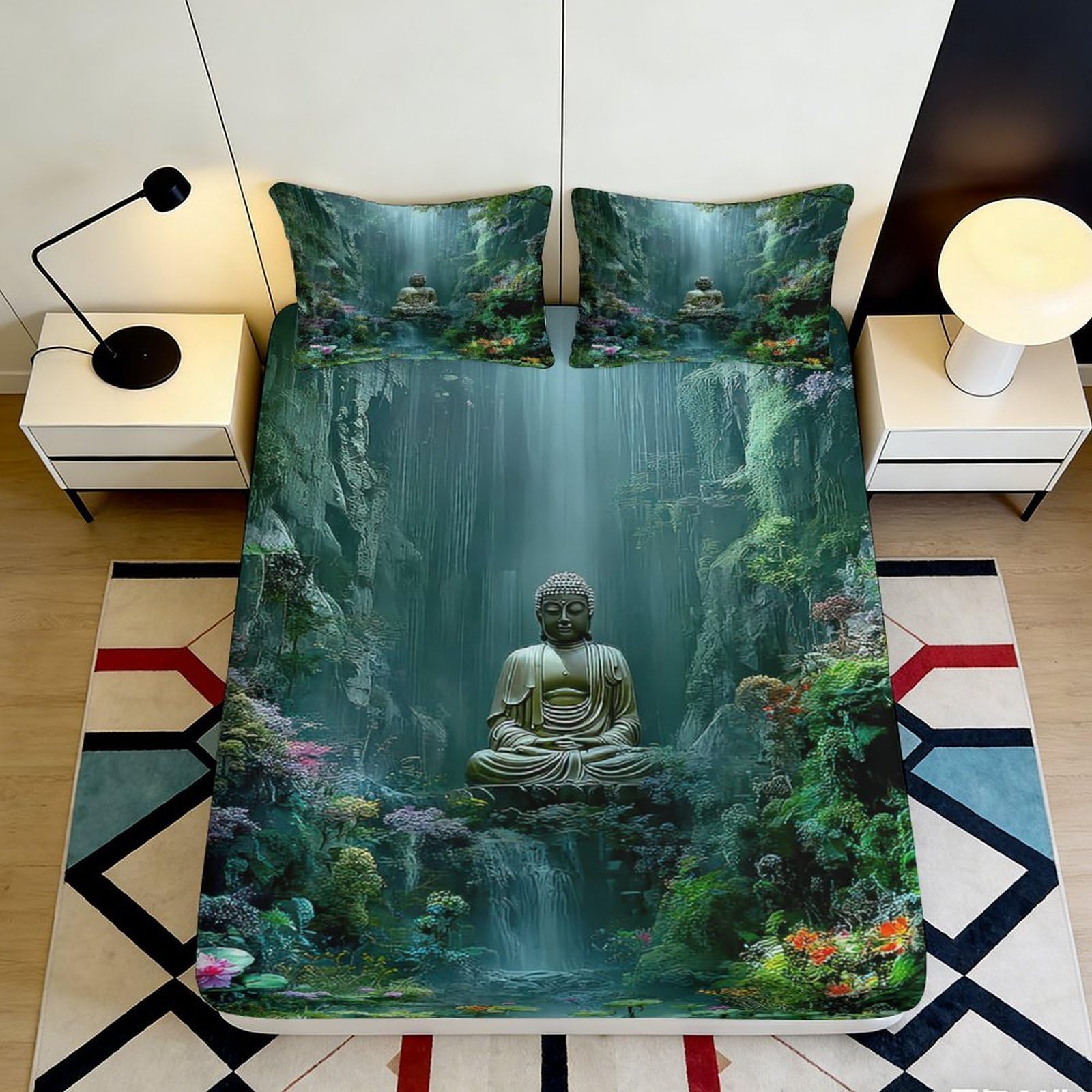 3D Printed Buddha Waterfall Fitted Sheet Microfiber Soft Breathable Meditation Bed Sheet for Bedroom Dormitory Guest Room Mattress Protection Decor 160x200x25cm