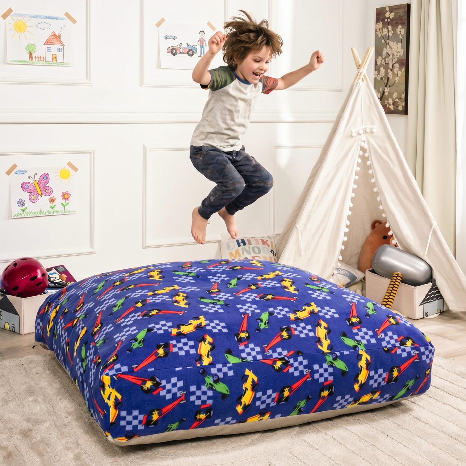 Matini Home Sensory Crash Pad - Non Slip Bottom, Soft Fabric Sensory Pads, Landing Mat for Jumping, Relaxing &amp; Play - 48" x 48", Cars