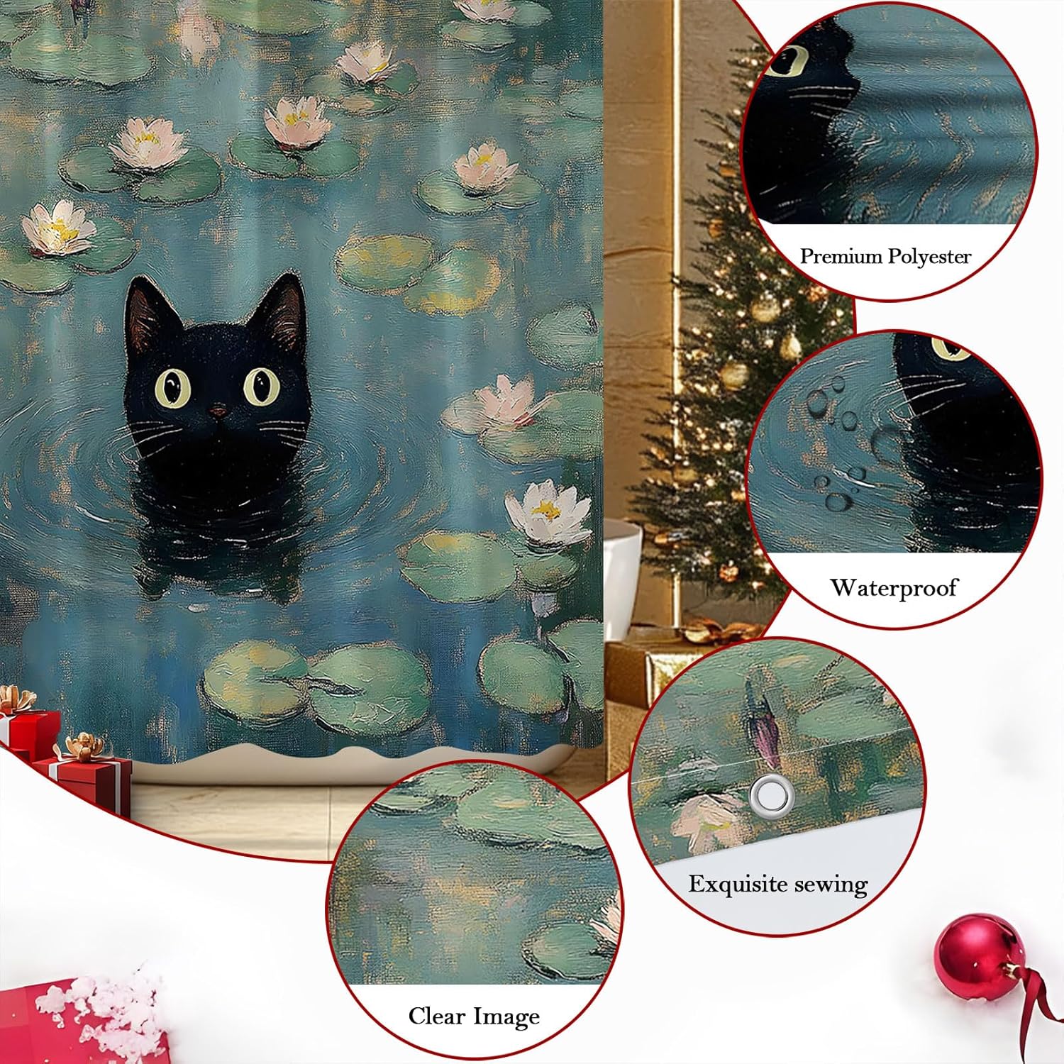 Funny Cat Shower Curtain Abstract Oil Painting Art Cute Black Kitten in Water Lilies Green Leaves Pink Lotus Floral Lovely Animal Bathroom Polyester Curtains Set with Hooks 70x84 Inch