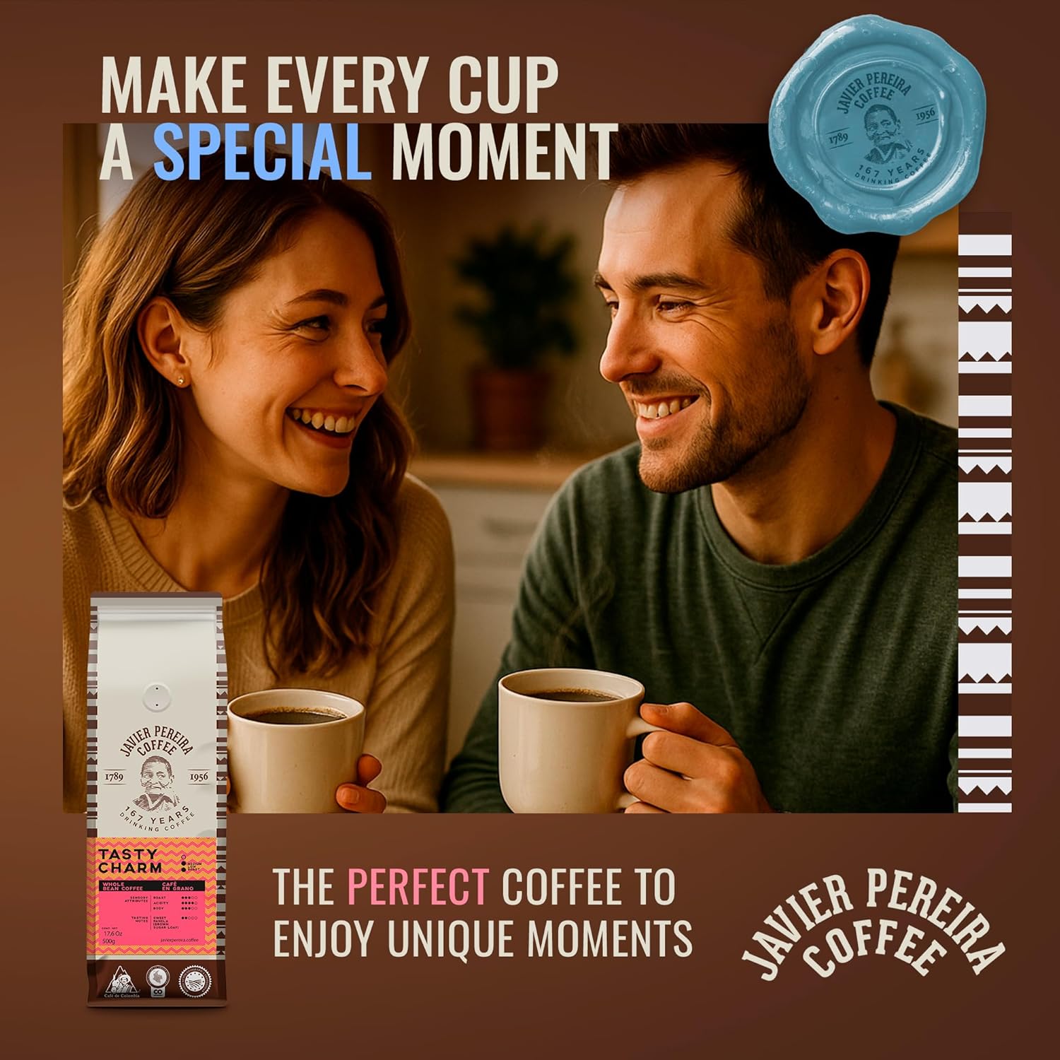 Javier Pereira Coffee Colombian Specialty Coffee Whole Bean Tasty Charm – Medium Roast 100% Arabica – Bright Acidity & Sweet Panela Notes – Certified Café de Colombia Single Origin – 17.6 oz