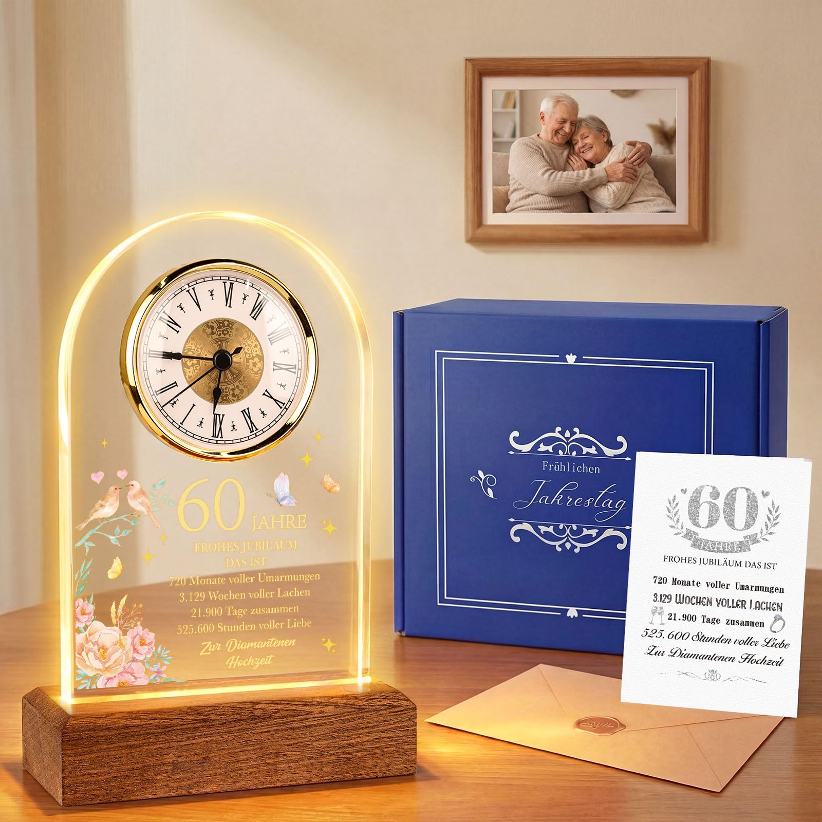 TUZELIYA Regalo di nozze d'oro, anniversario al quarzo, 50° anniversario di matrimonio, regalo con biglietto di auguri e busta, orologio da scrivania, regali di nozze per coppie, genitori, nonni
