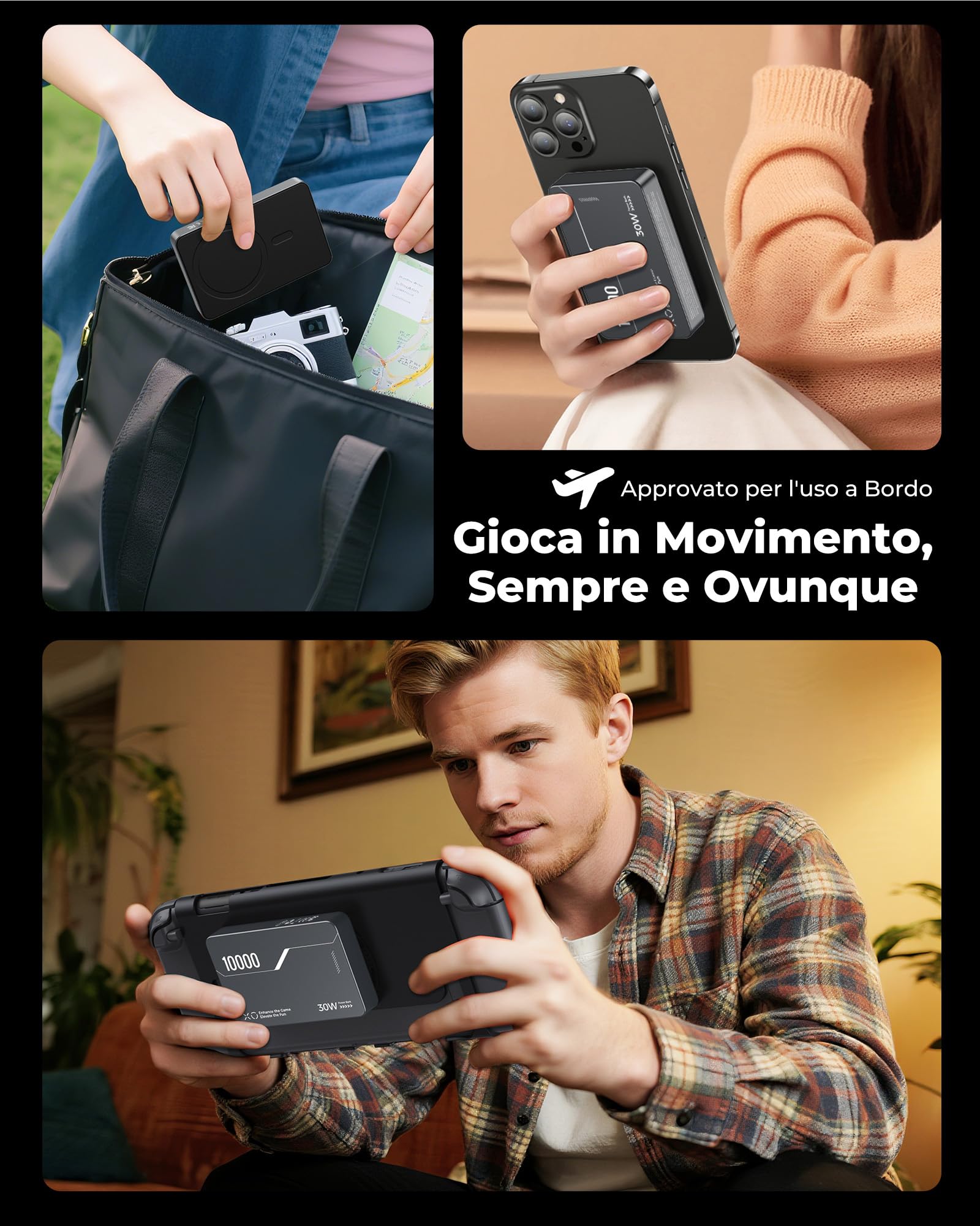 Antank B5 10000mAh Magnetica Power Bank per Nintendo Switch 2 & iPhone | 30W PD Ricarica Rapida Powerbank per iPhone 17-12/Switch/Switch OLED, 2 Supporti Posteriori Rimovibili & 2 Cavi Doppi USB-C