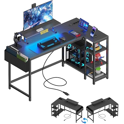 40 inch Gaming Desk with USB Power Outlet and LED Light- Reversible L Shaped Desk with Storage Bag,Computer Desk with Adjustable Monitor Stand& Storage Shelves and CPU Stand,Corner Desk Table
