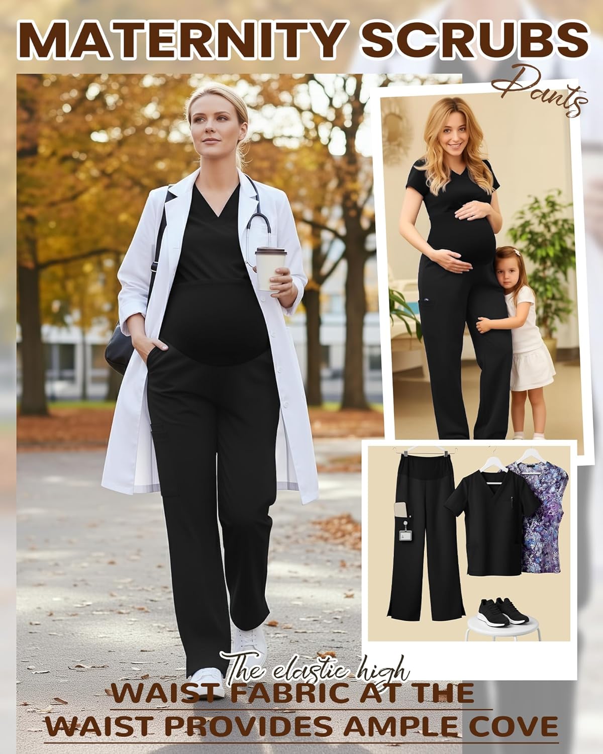 2 Pack Women's Maternity Scrubs Pants with 6 Pockets Pregnancy Workwear Stretchy Straight Leg Cargo Trousers - Image 2