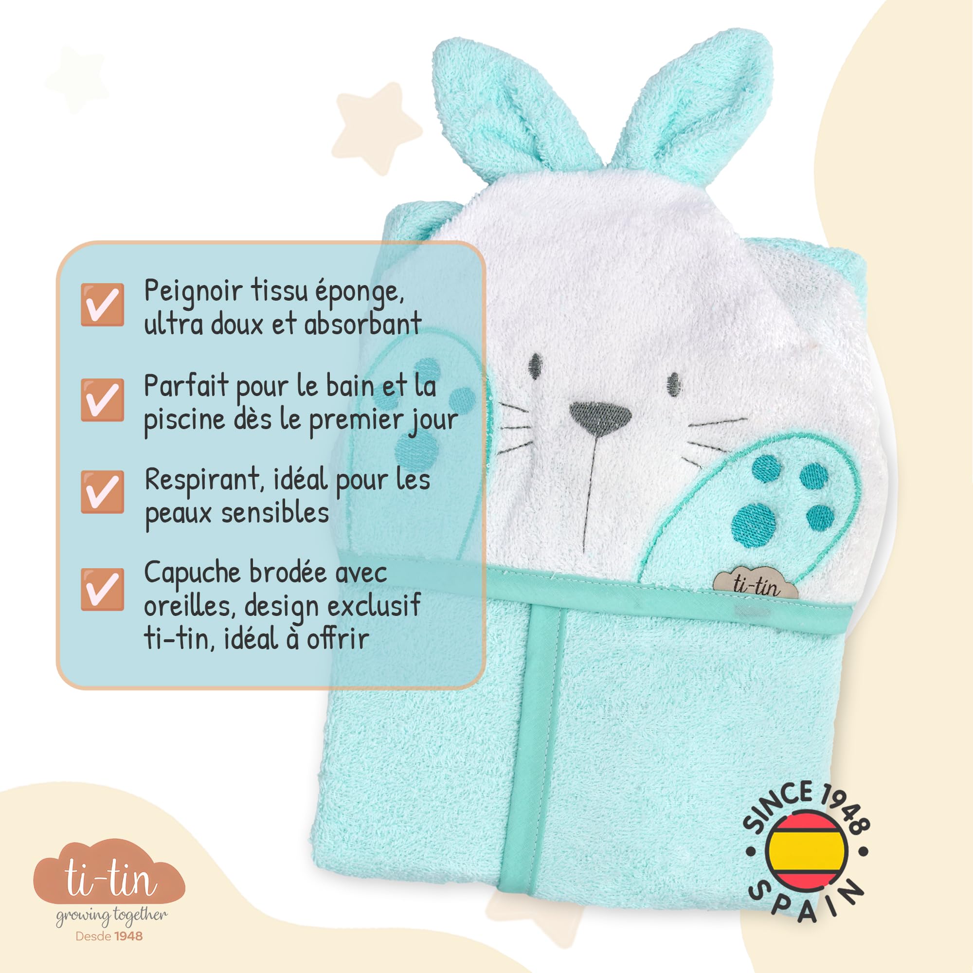 Ti Tin Peignoir à capuche pour enfant 100% coton doux et absorbant Taille bébé de 6 à 18 mois